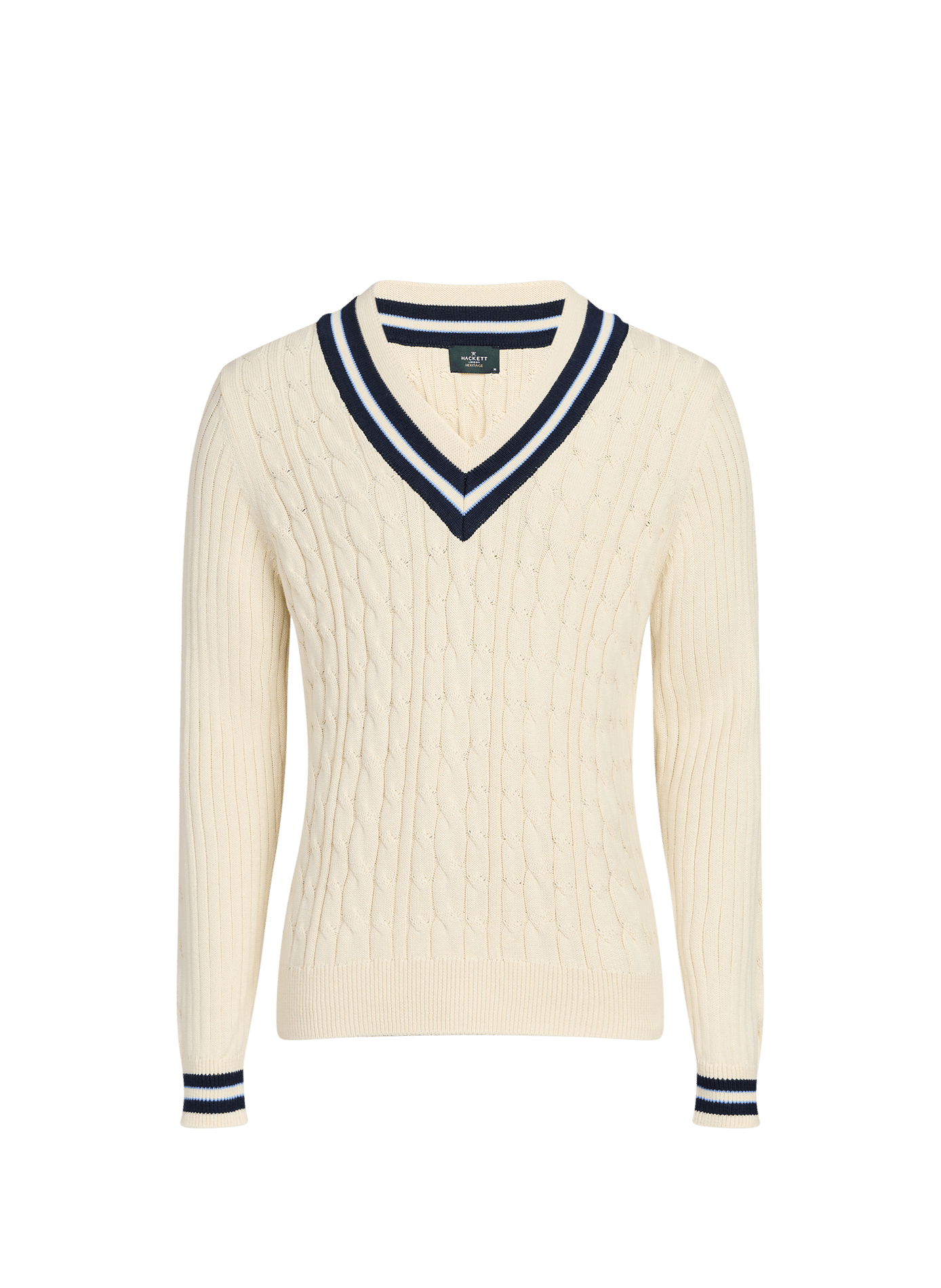 Pull col V en maille tressée Blanc HACKETT