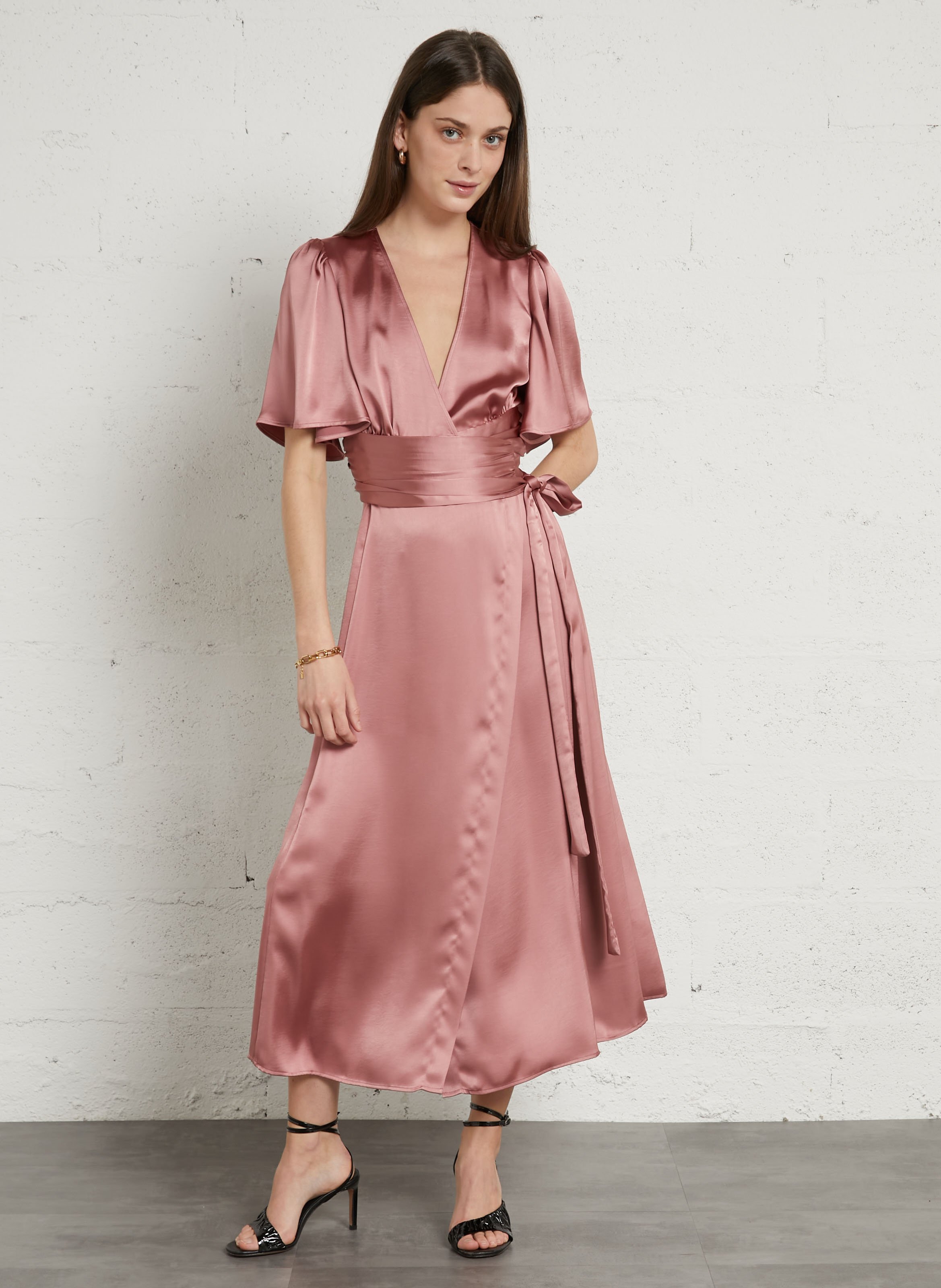 Robe midi satiné col v bora MAISON 123 Rose