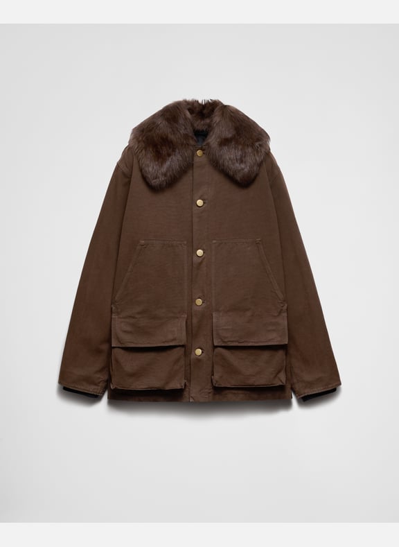 Veste en coton avec col en peau de mouton Marron by PRADA PRADA Veste en coton avec col en peau de mouton Marron