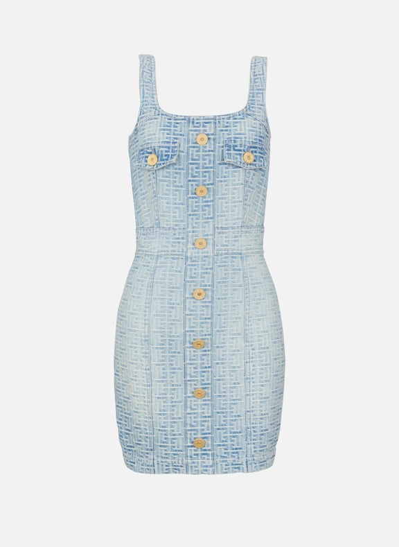 Robe courte en denim à monogramme Bleu by BALMAIN BALMAIN Robe courte en denim à monogramme Bleu