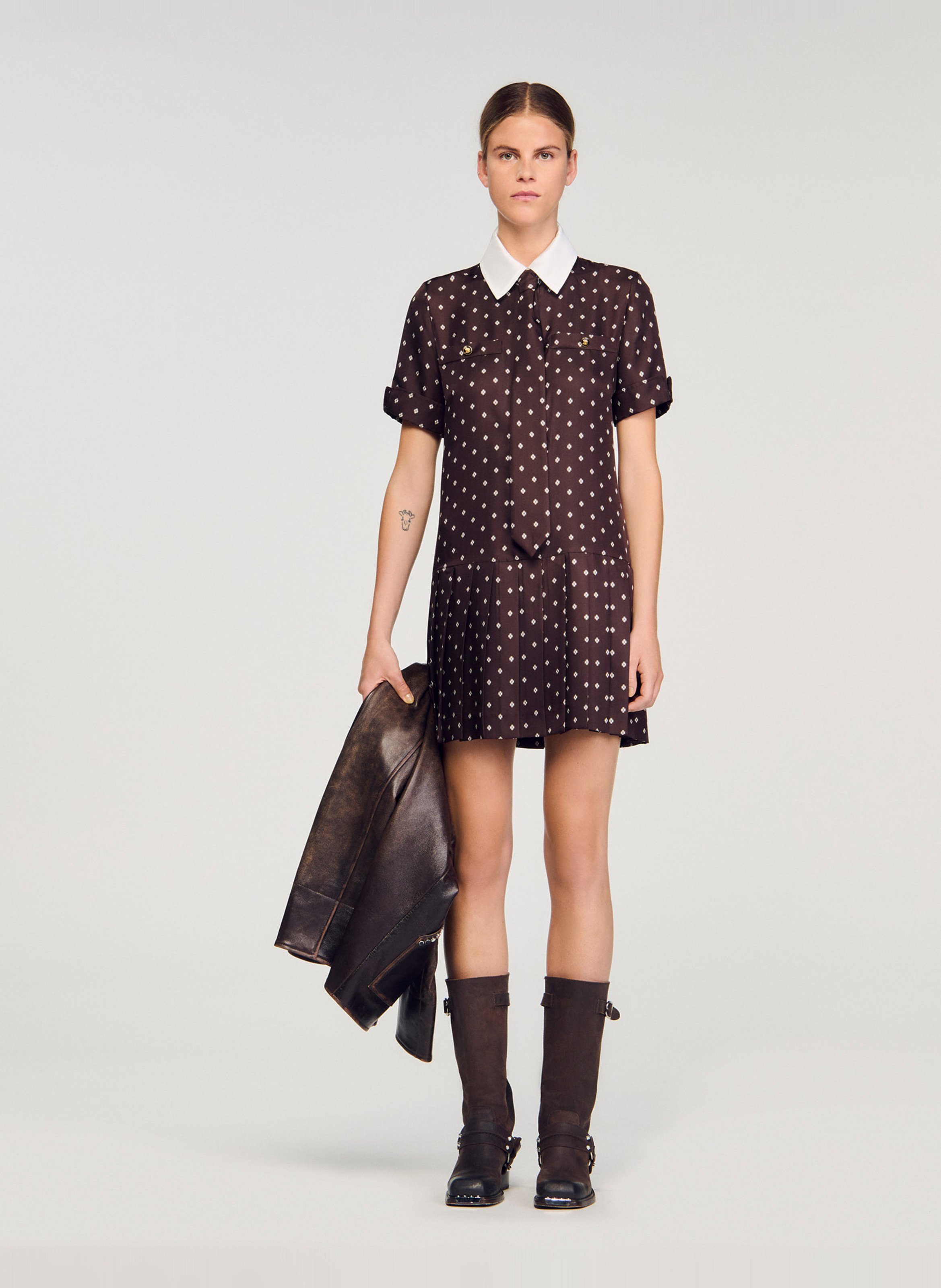 Robe courte col classique imprimée SANDRO Marron