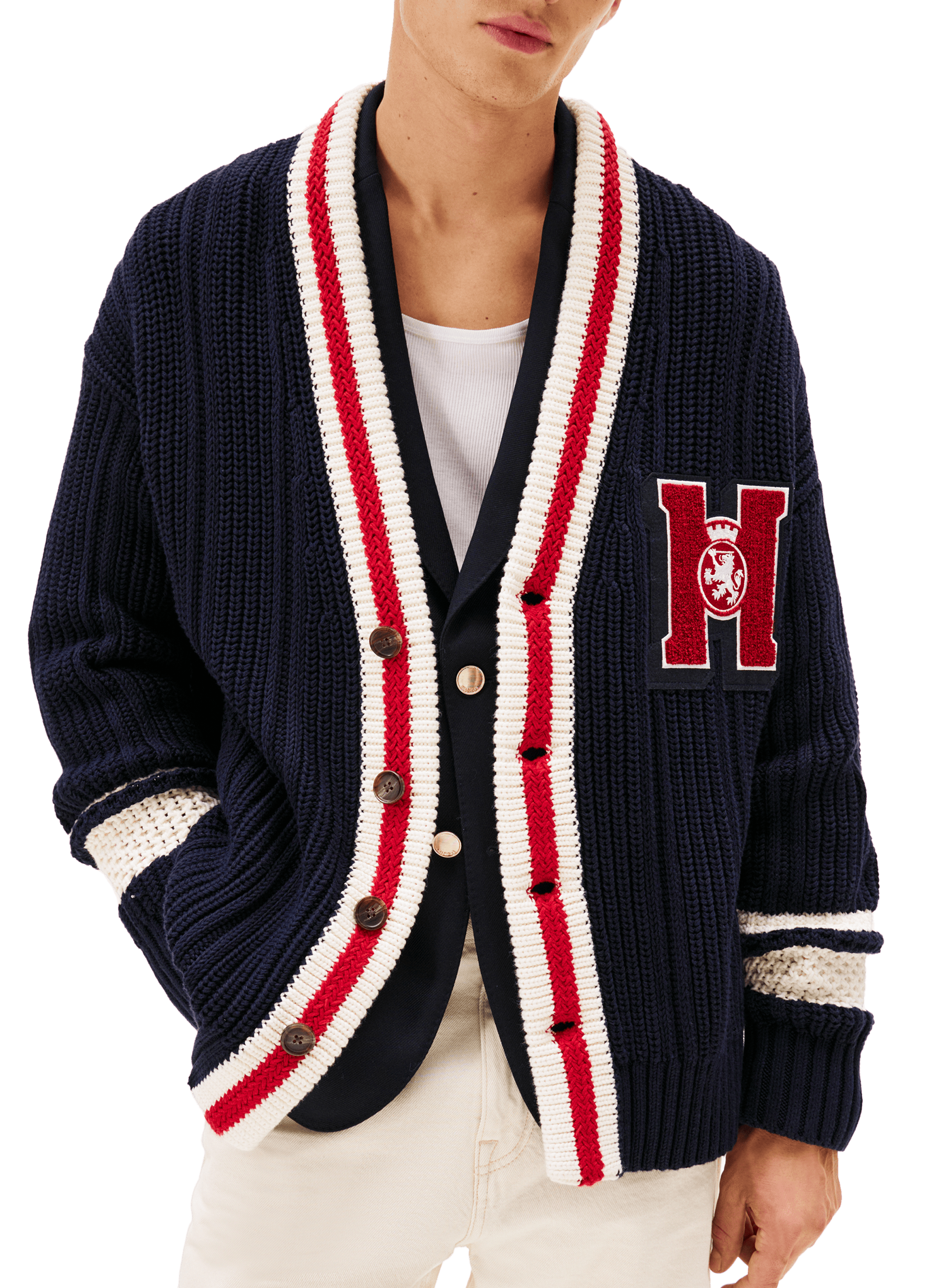 College-style ribbed chunky knit cotton cardigan TOMMY HILFIGER Blue