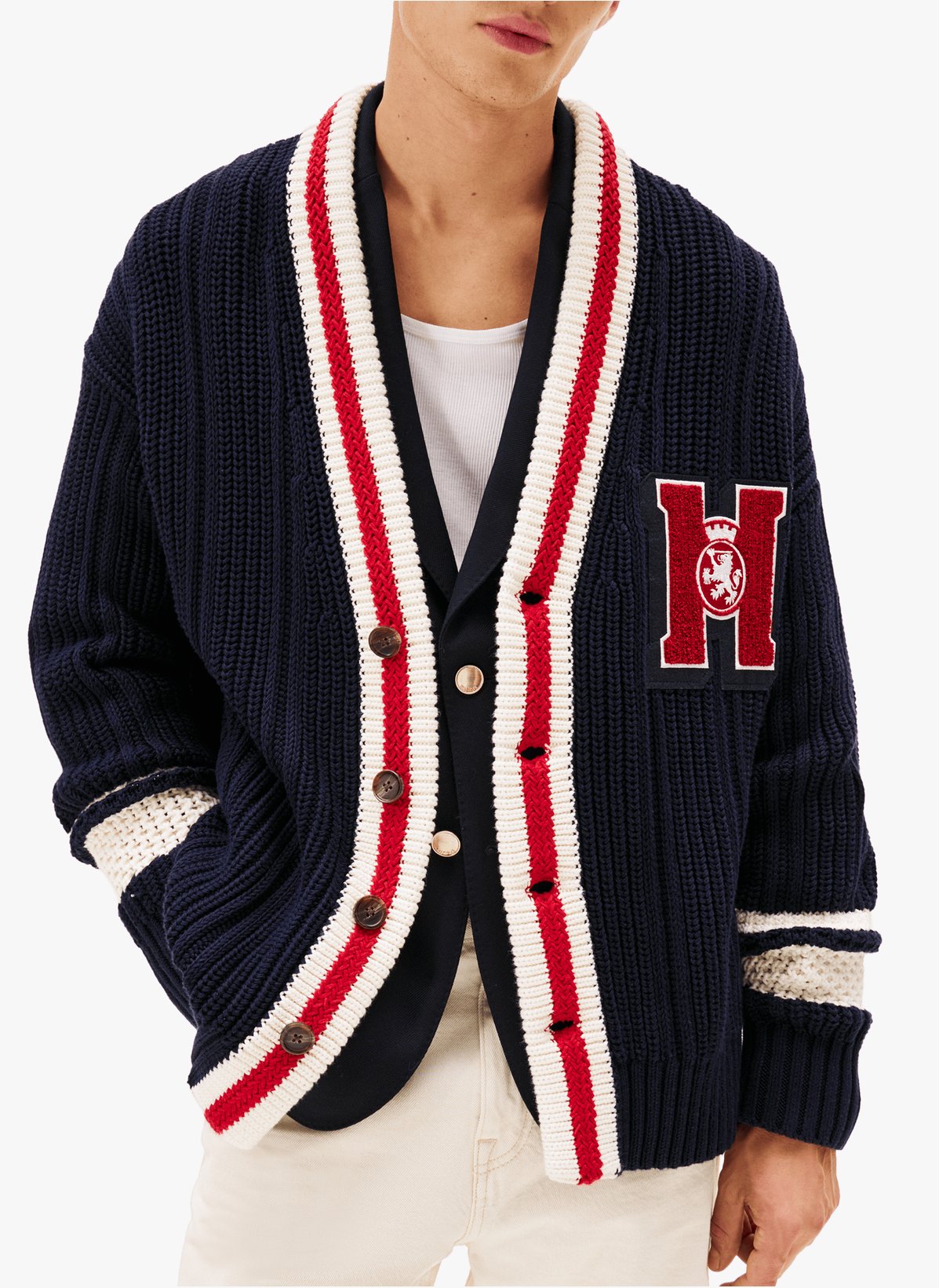 Gilet style Collège en grosse maille côtelée en coton
