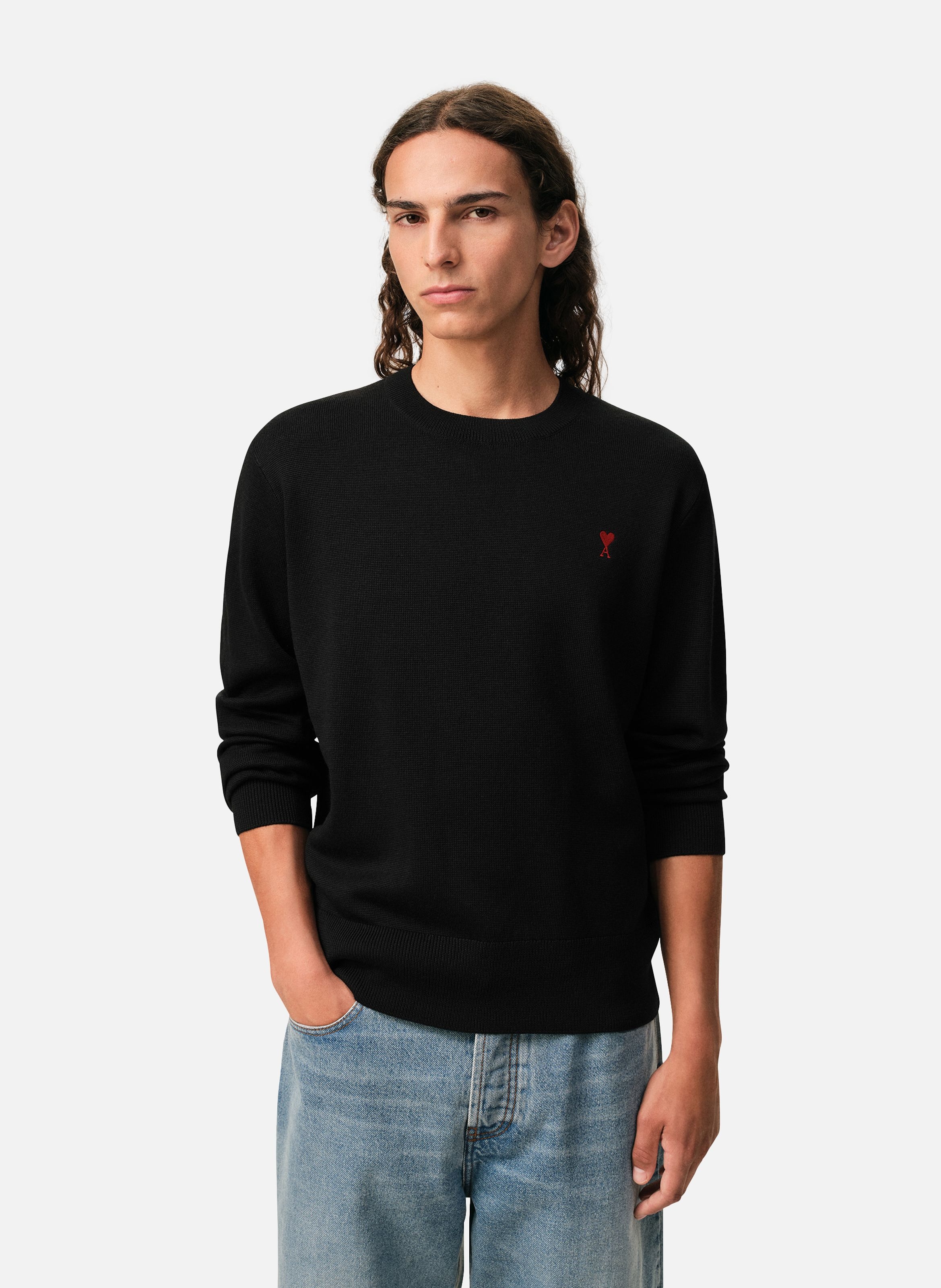 Pull Col Rond Ami De Coeur En Laine AMI PARIS Noir