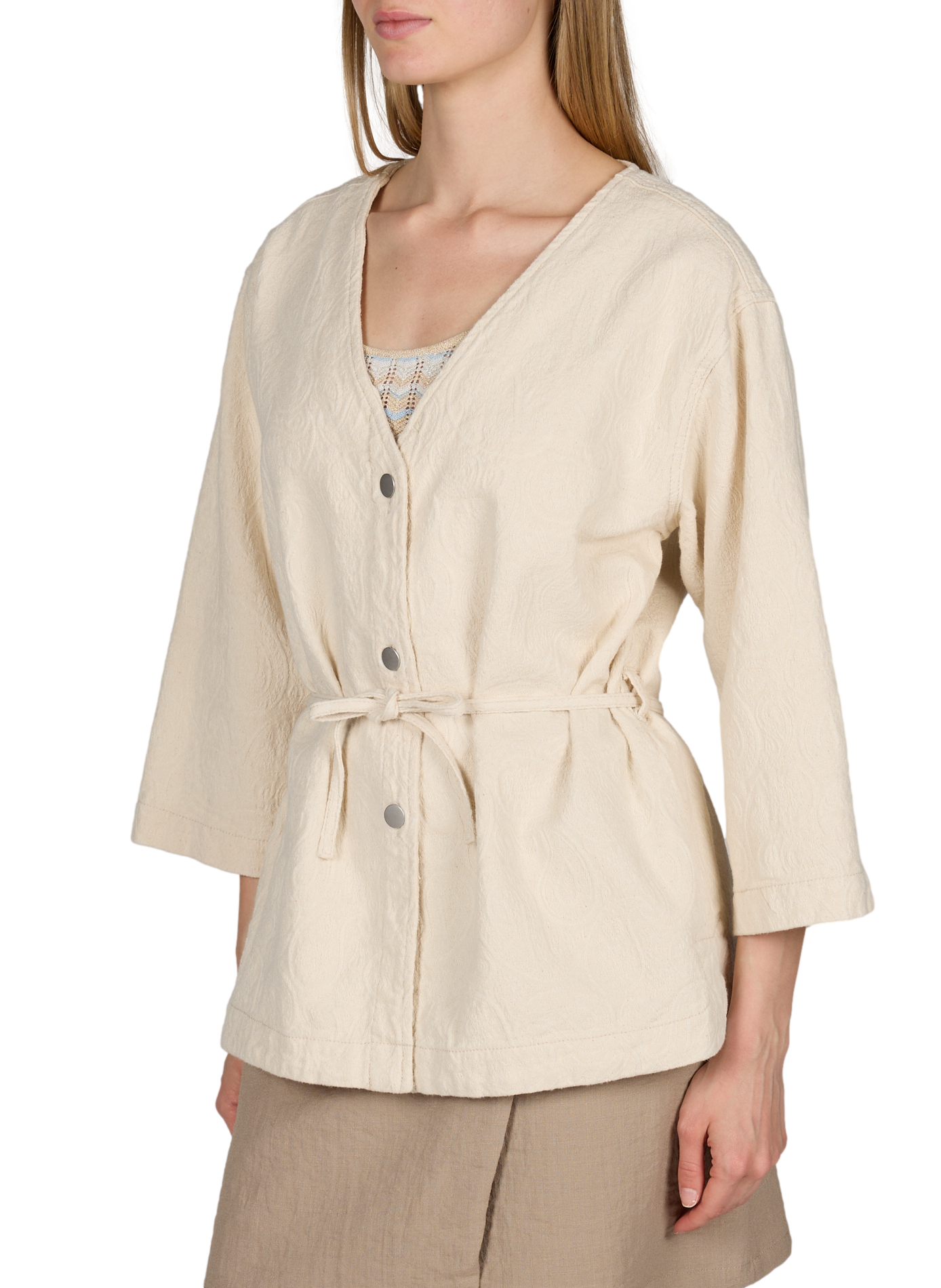 Patterned cotton blazer with belt OBJECT Beige