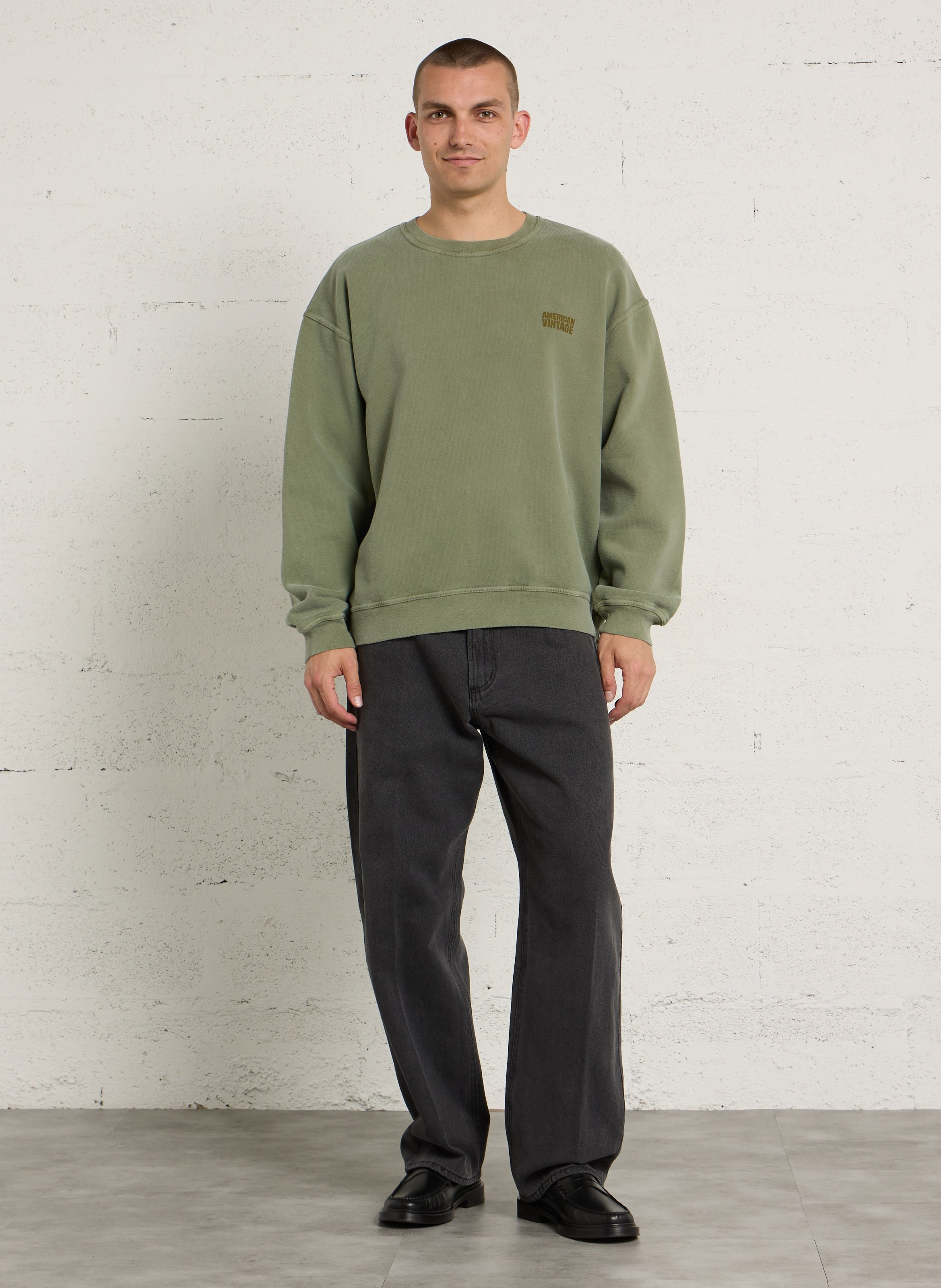 Sweat ample col rond sérigraphié en coton plizzy AMERICAN VINTAGE Vert
