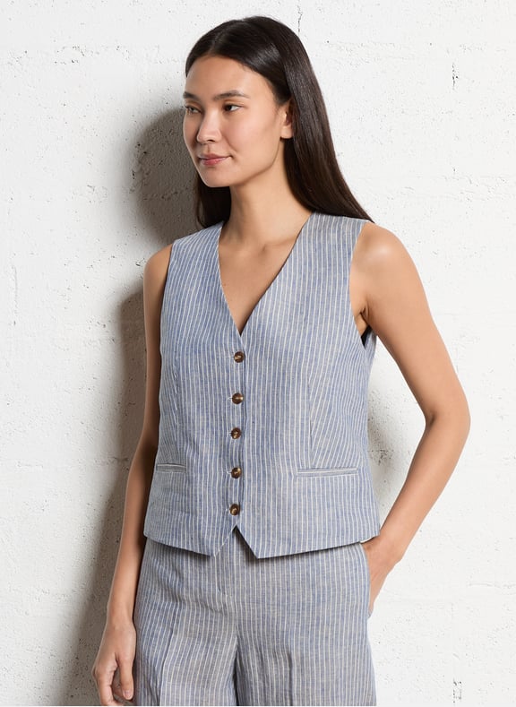 Gilet sans manches en lin rayé cenia Bleu by MAISON 123 MAISON 123 Gilet sans manches en lin rayé cenia Bleu