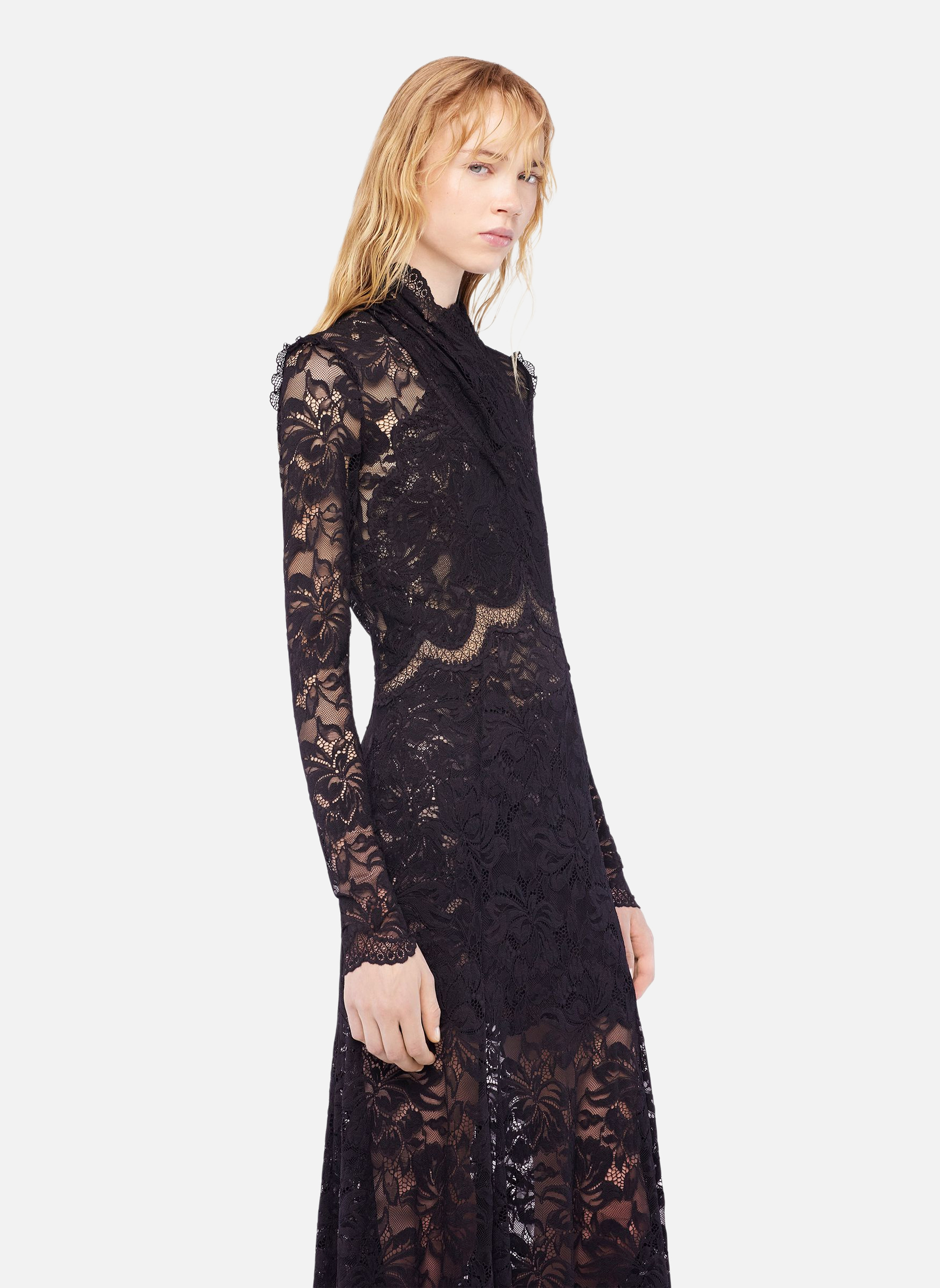 Robe longue en dentelle col montant RABANNE Noir