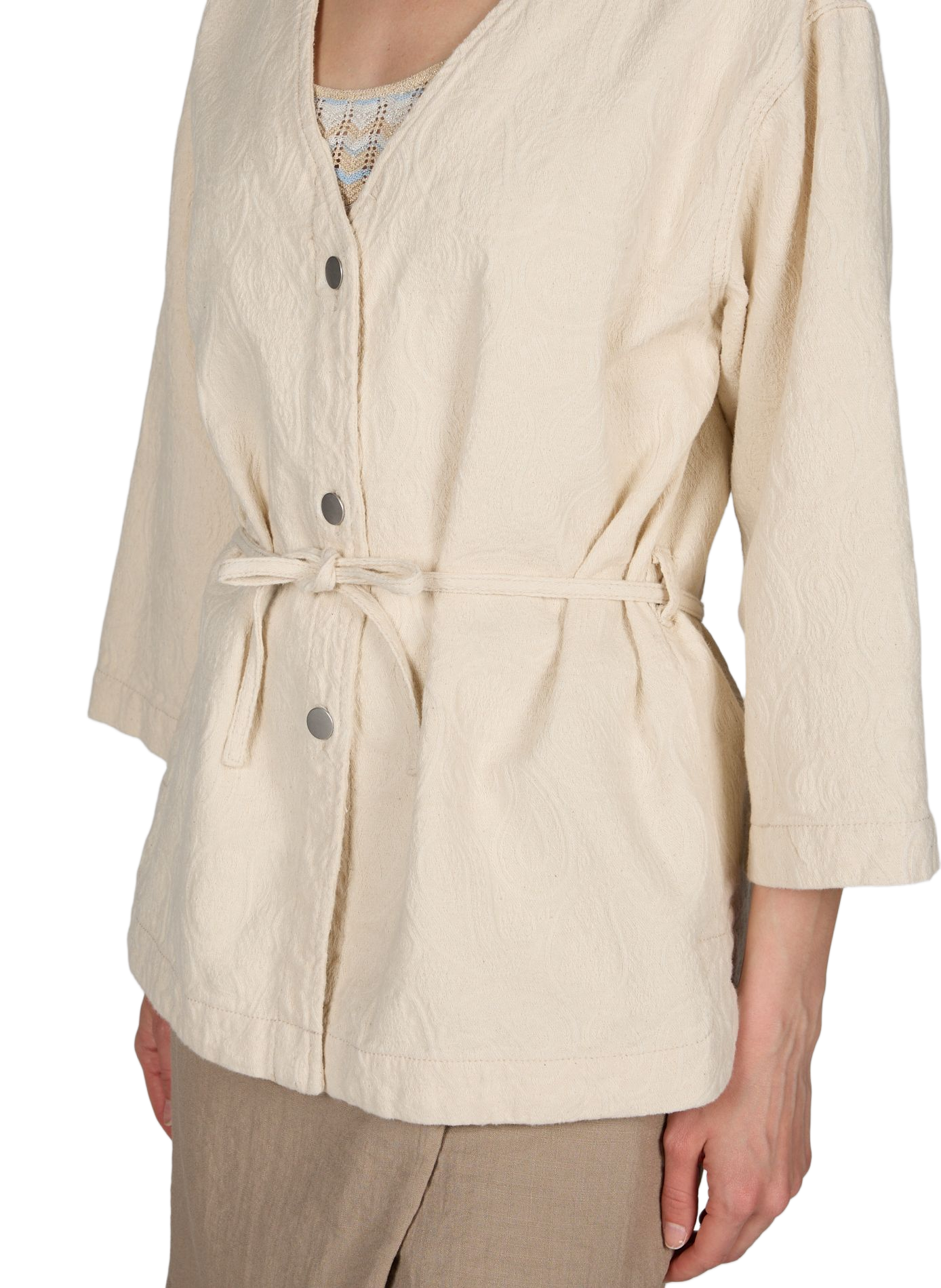 Patterned cotton blazer with belt OBJECT Beige