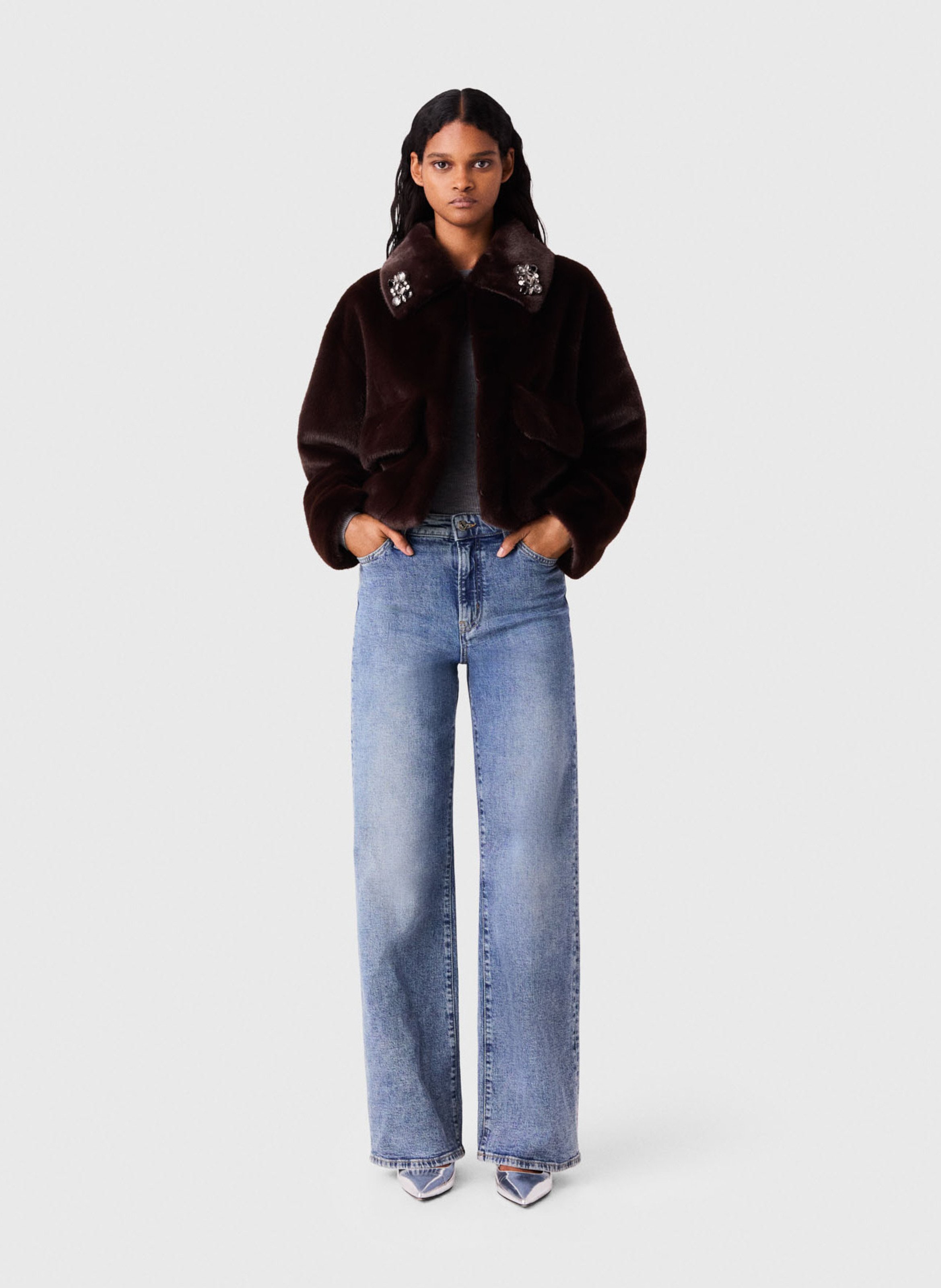 Veste droite en fourrure synthétique MAJE Marron