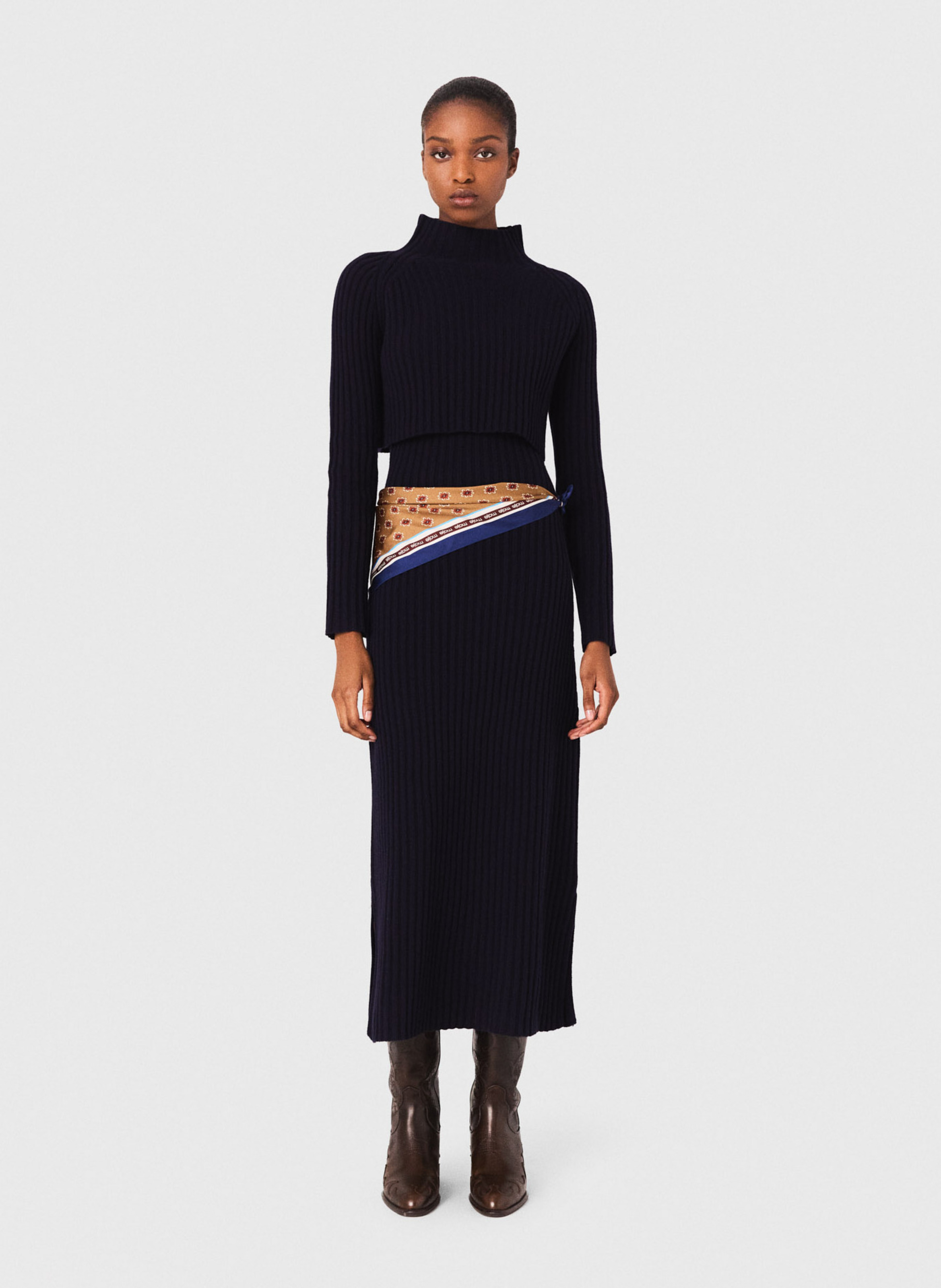 Robe longue col v en laine MAJE Bleu