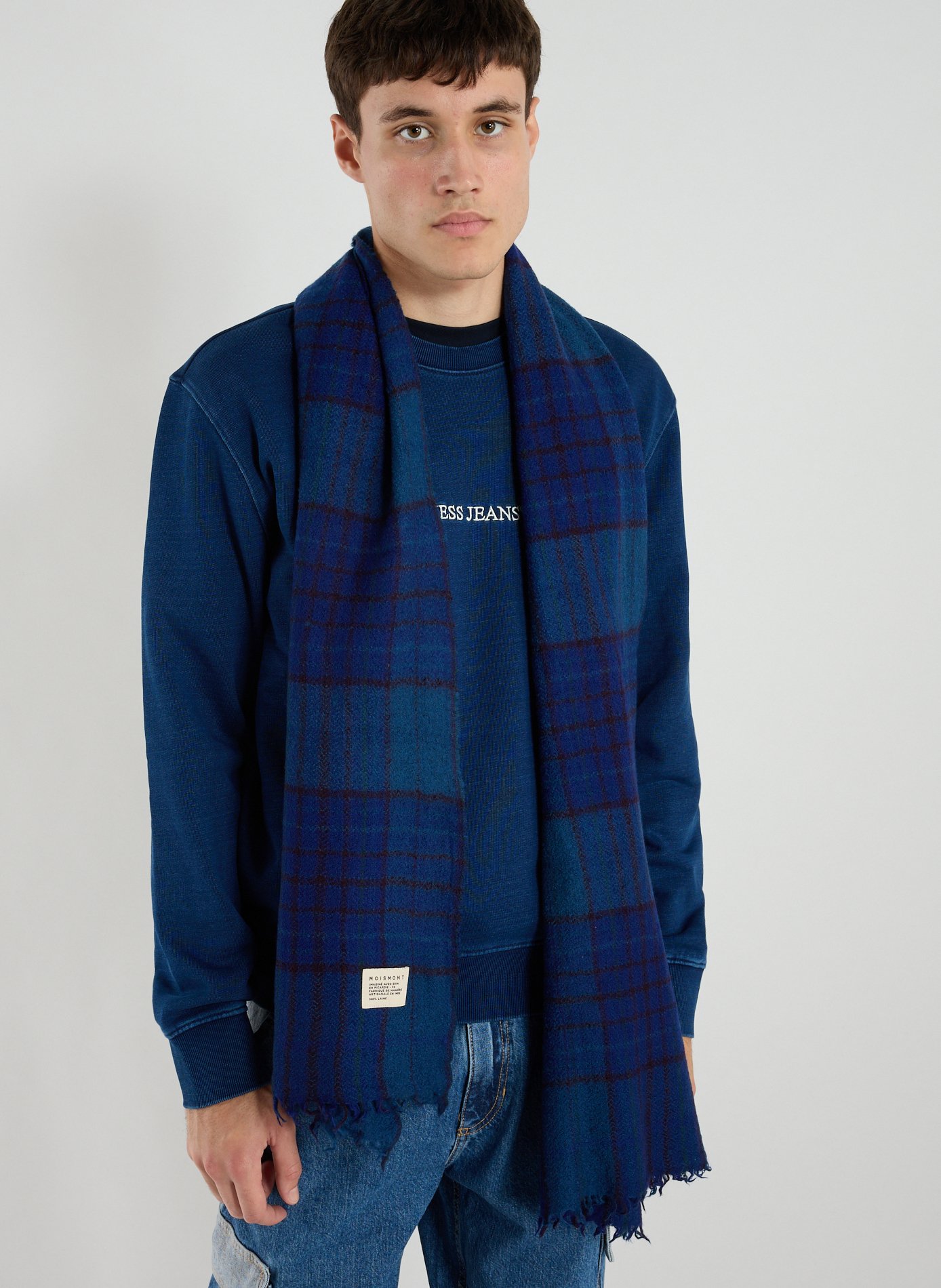 Echarpe à carreaux en laine Bleu
