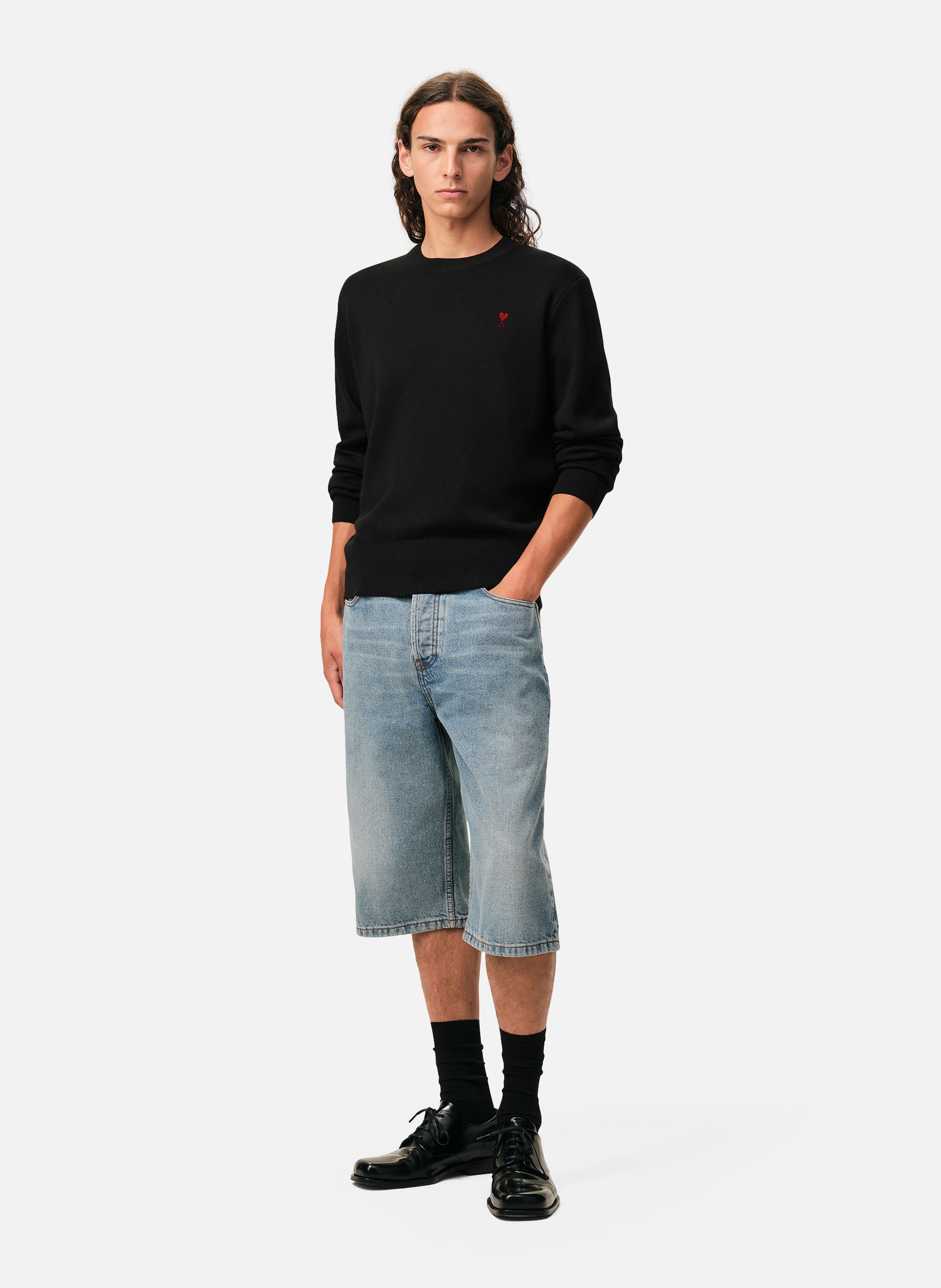 Pull Col Rond Ami De Coeur En Laine AMI PARIS Noir