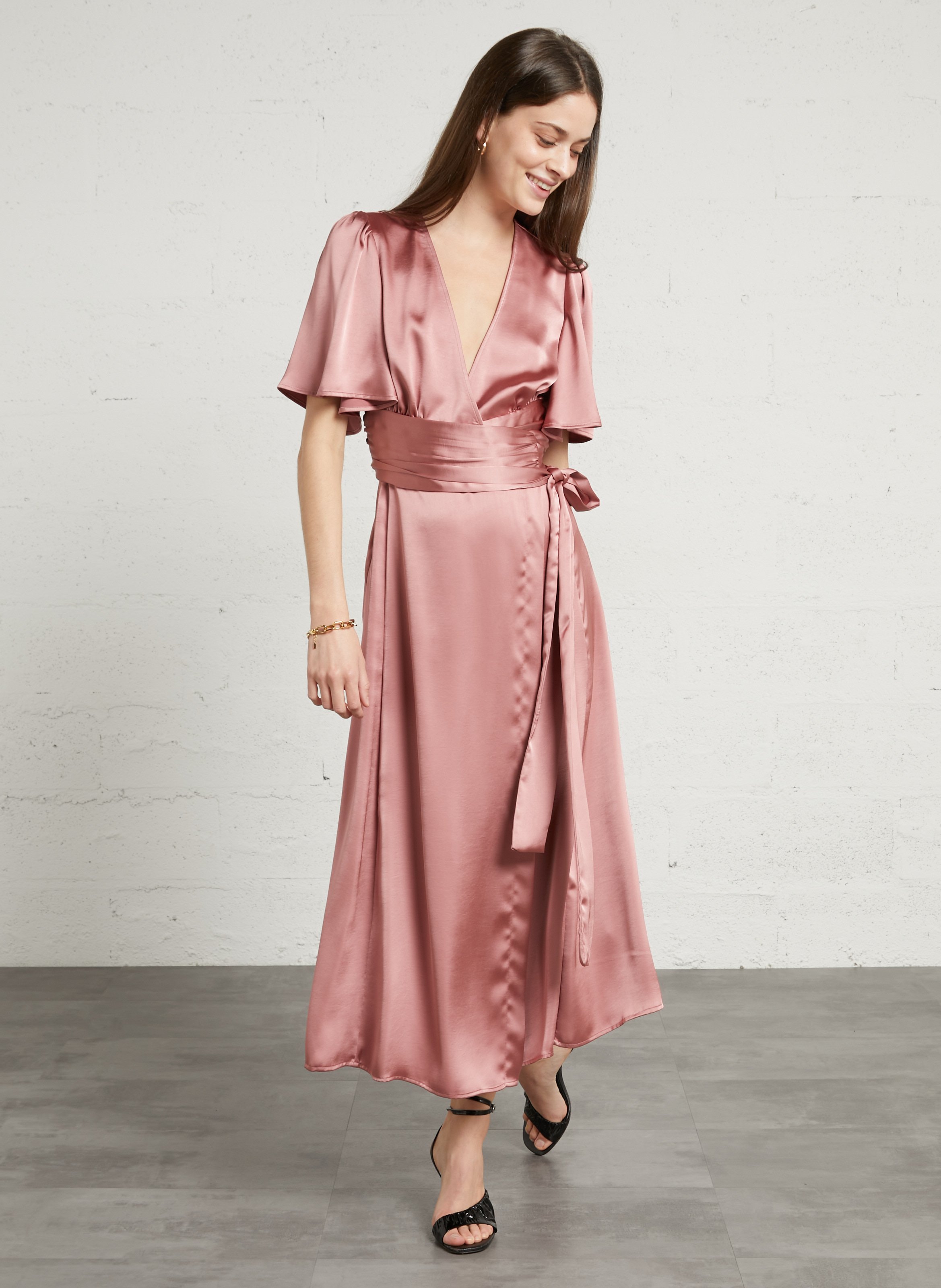Robe midi satiné col v bora MAISON 123 Rose