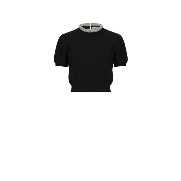 Alexander Wang Short Sleeve Crop Wool & Cashmere Sweater With Crystal Hotfix Tubular Collar In 001 Black