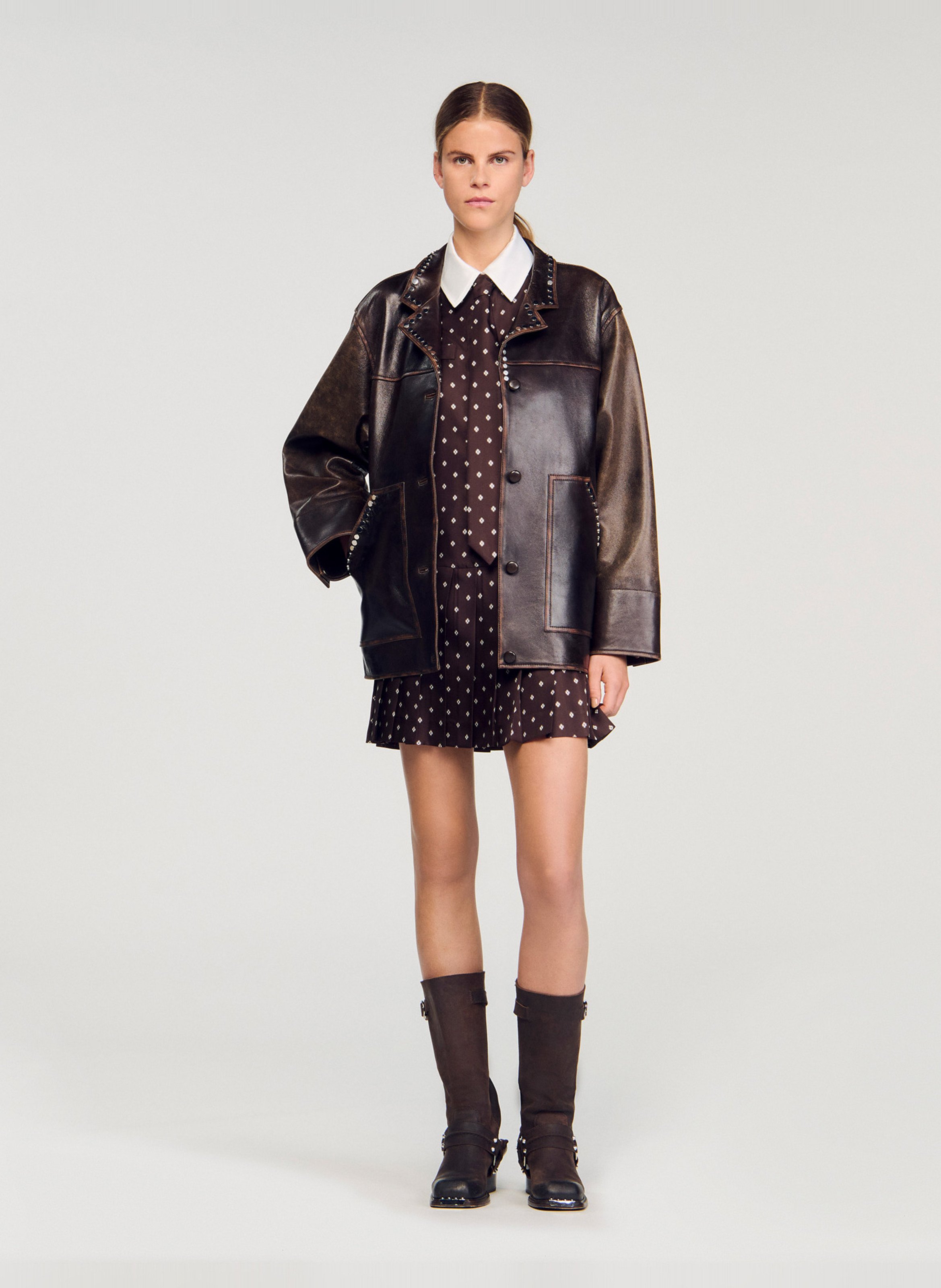 Robe courte col classique imprimée SANDRO Marron