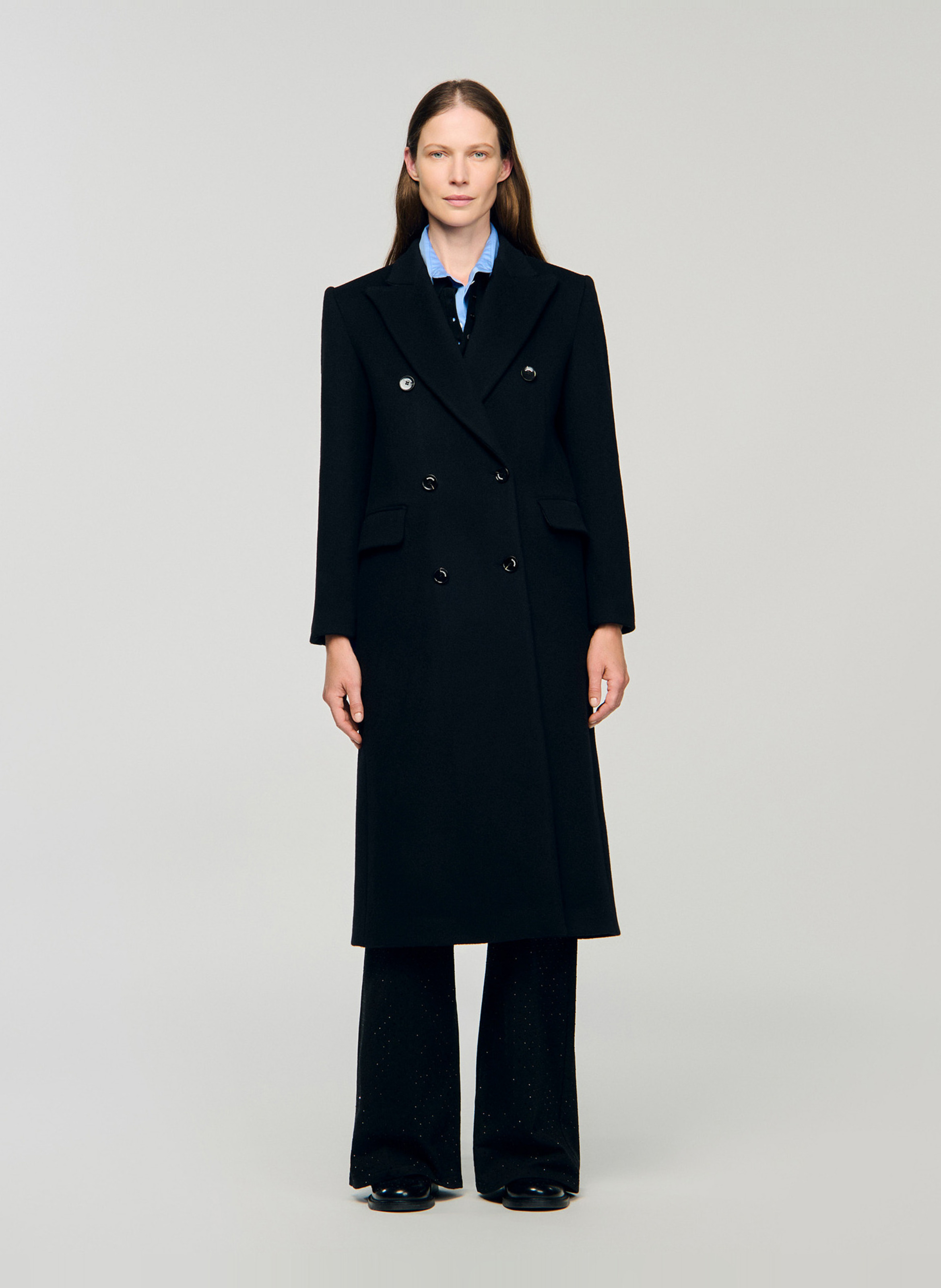 SANDRO Manteau droit en laine mélangée Noir