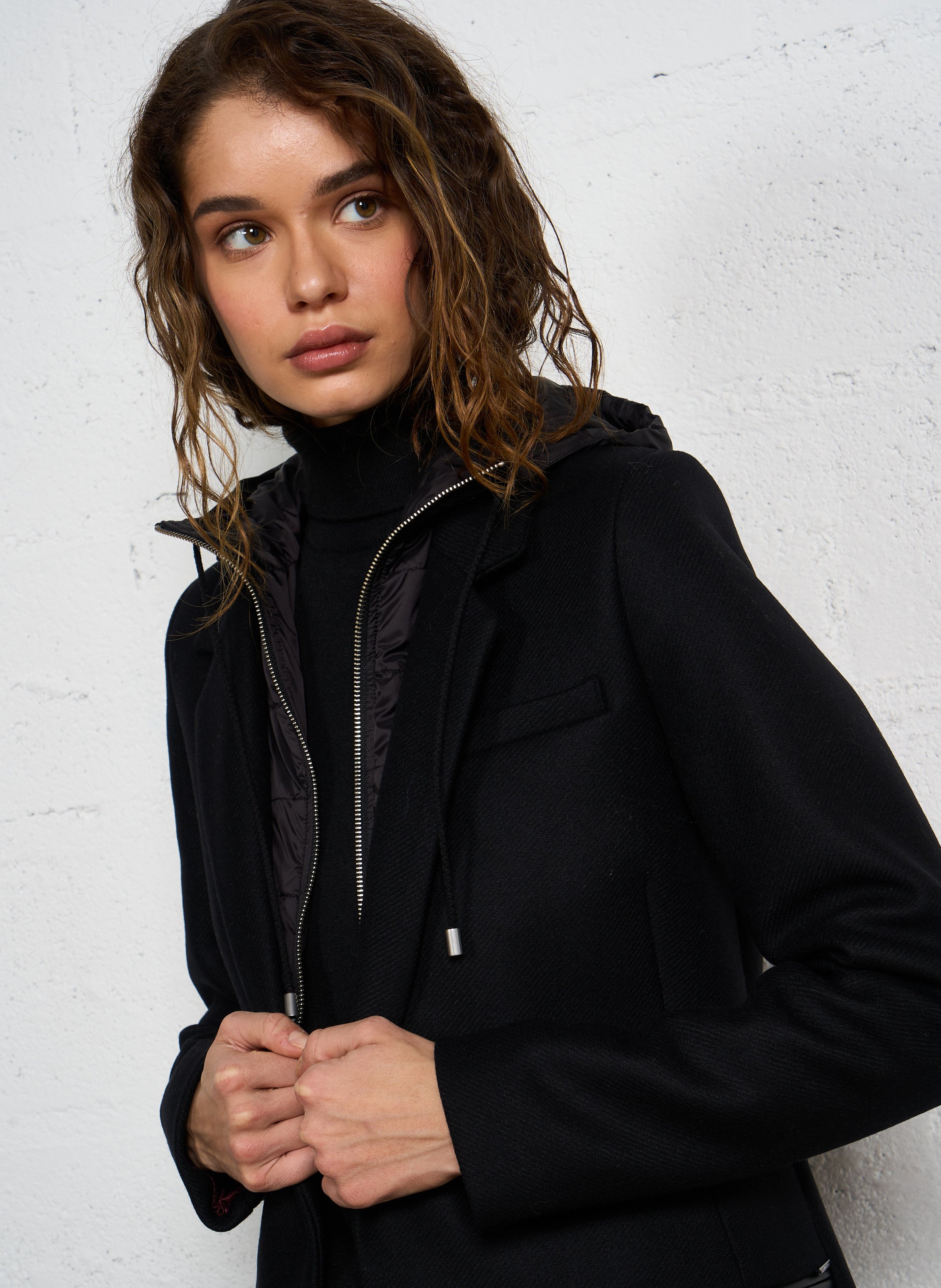 Manteau à capuche en drap de laine IKKS Noir