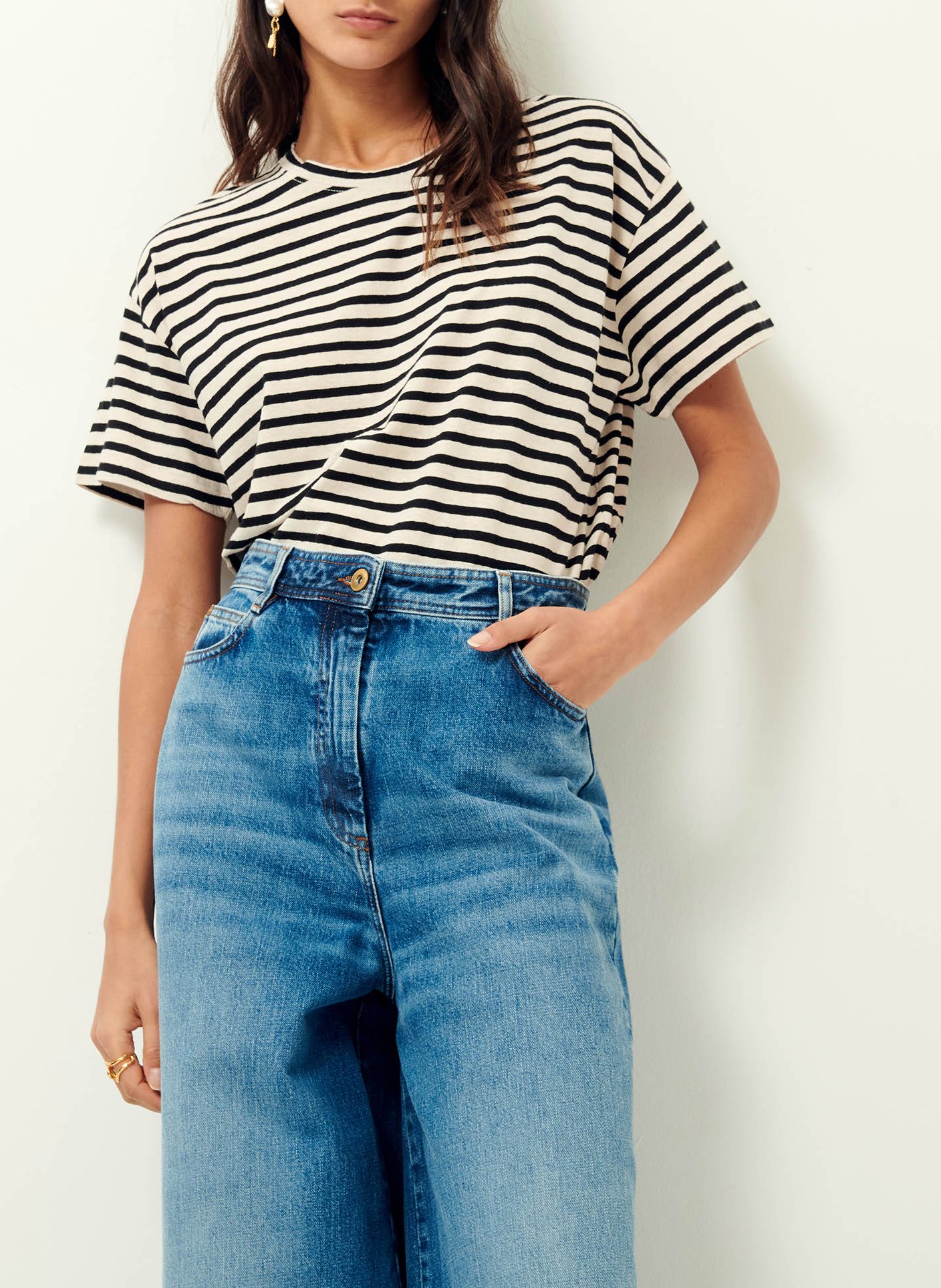 Tee-shirt ample col rond en coton mélangé rayé tooli  Sandblack