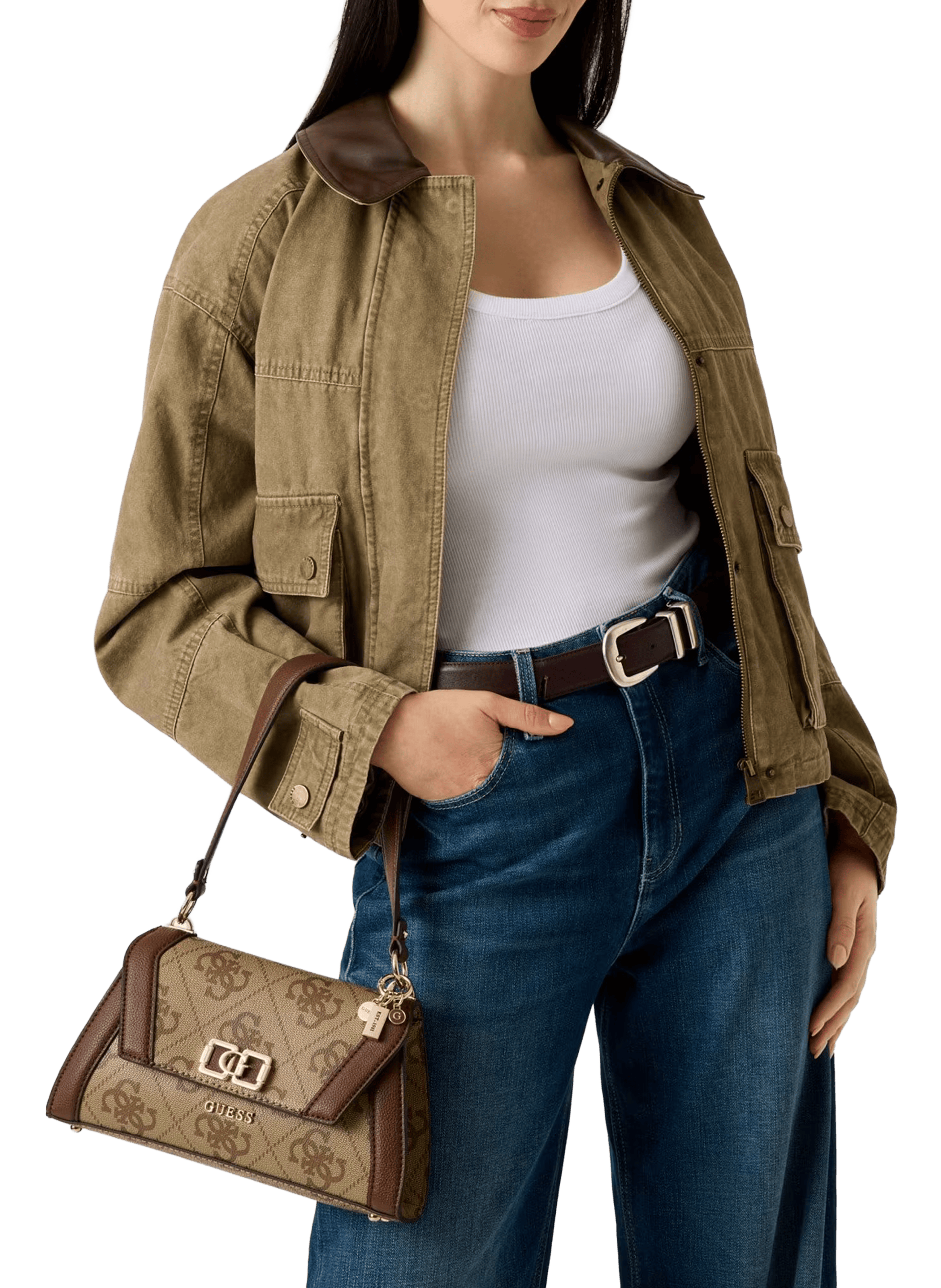 Sac porté épaule motif logo all over GUESS Marron