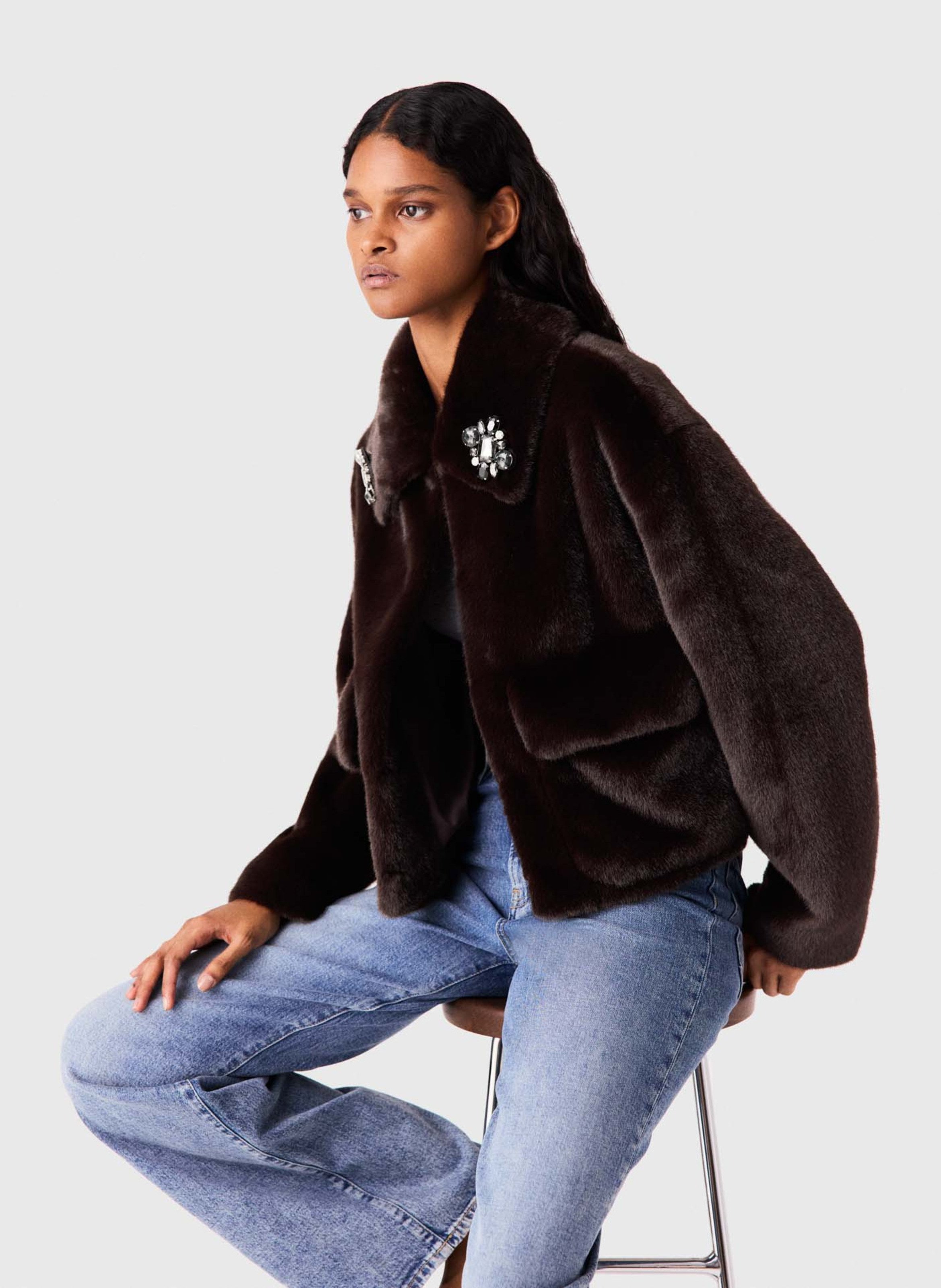 Veste droite en fourrure synthétique MAJE Marron