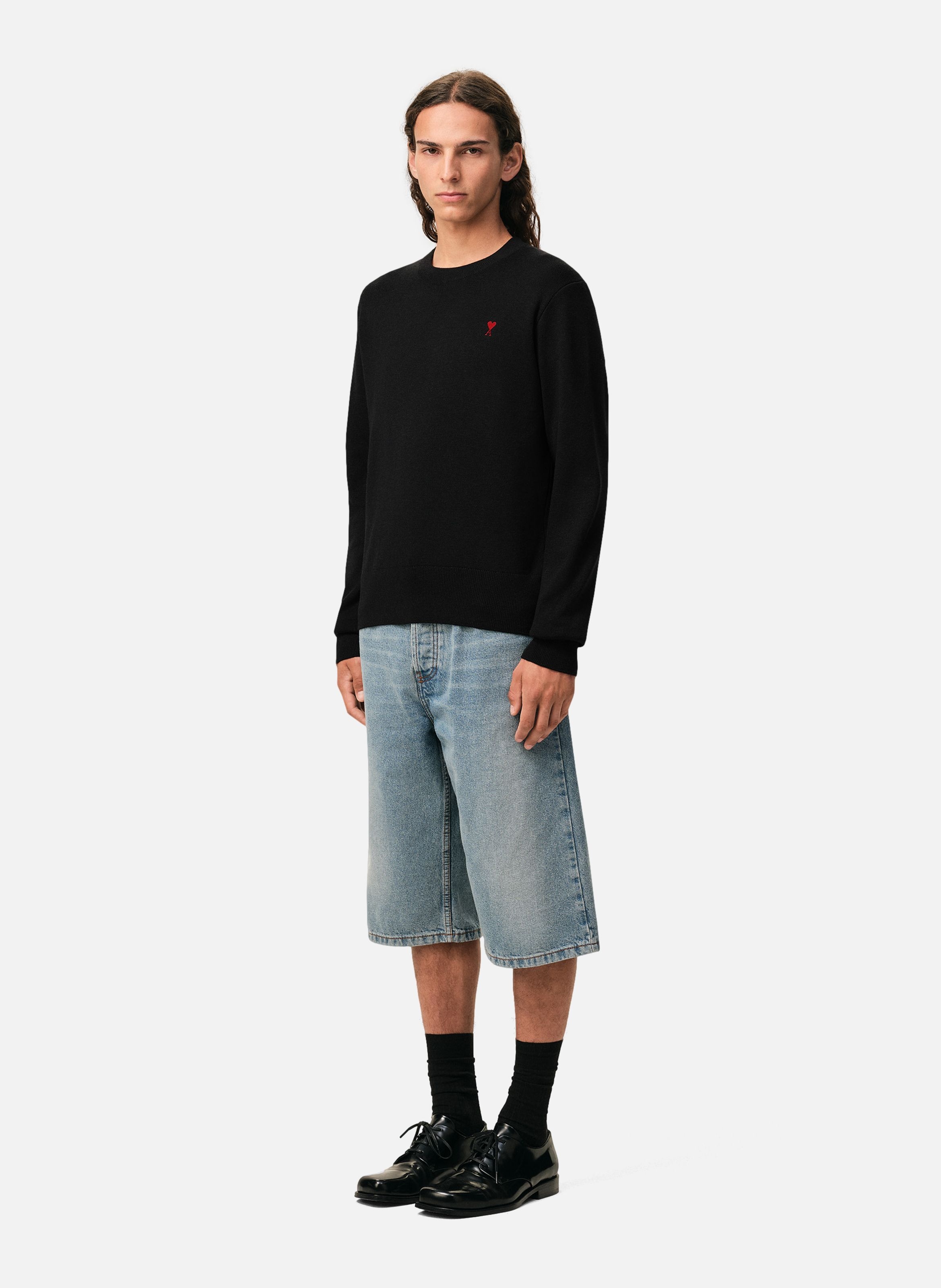 Pull Col Rond Ami De Coeur En Laine AMI PARIS Noir