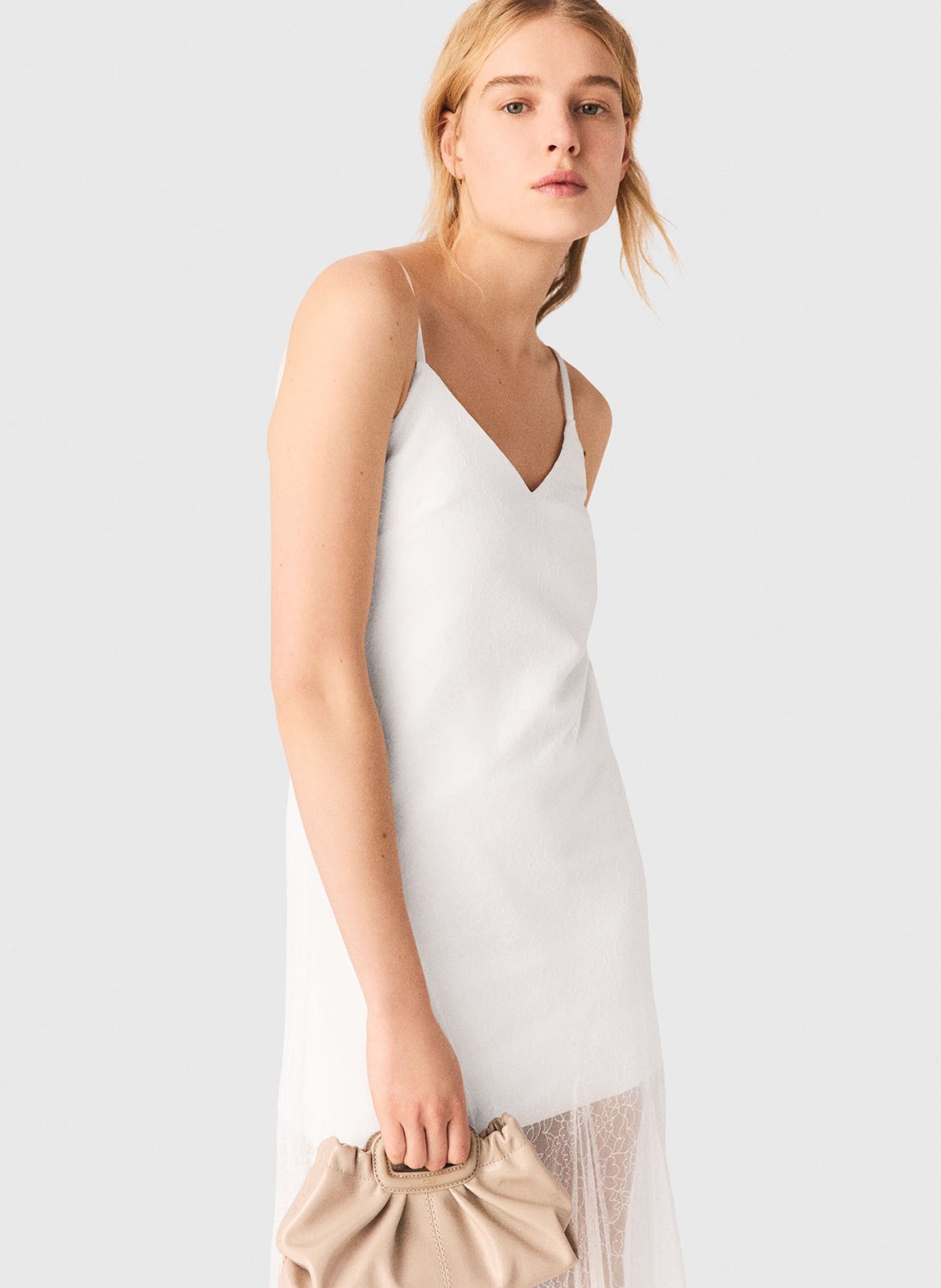 Robe longue col v voilage en dentelle MAJE Blanc