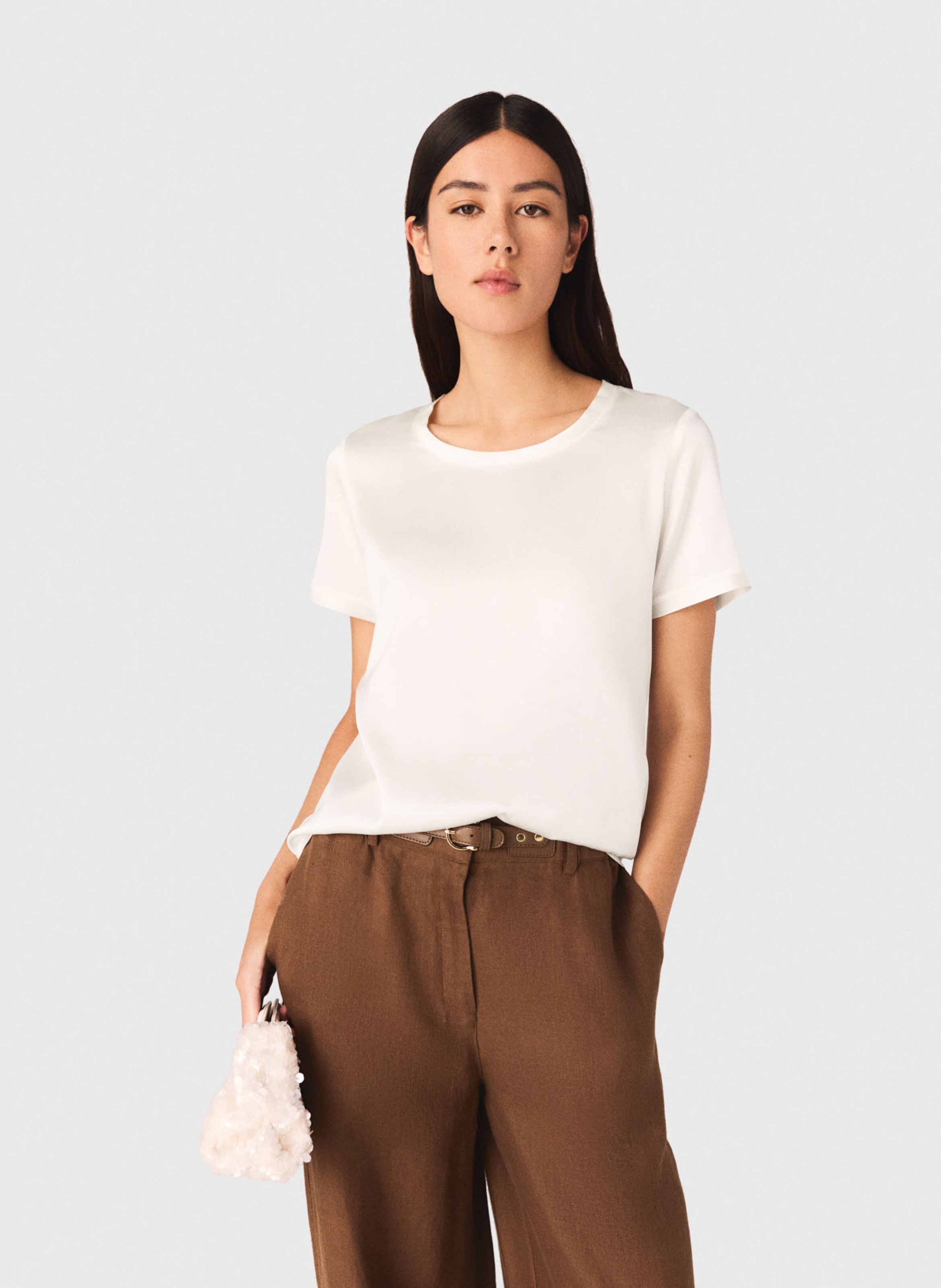 T-shirt droit col rond en soie mélangée MAJE Blanc