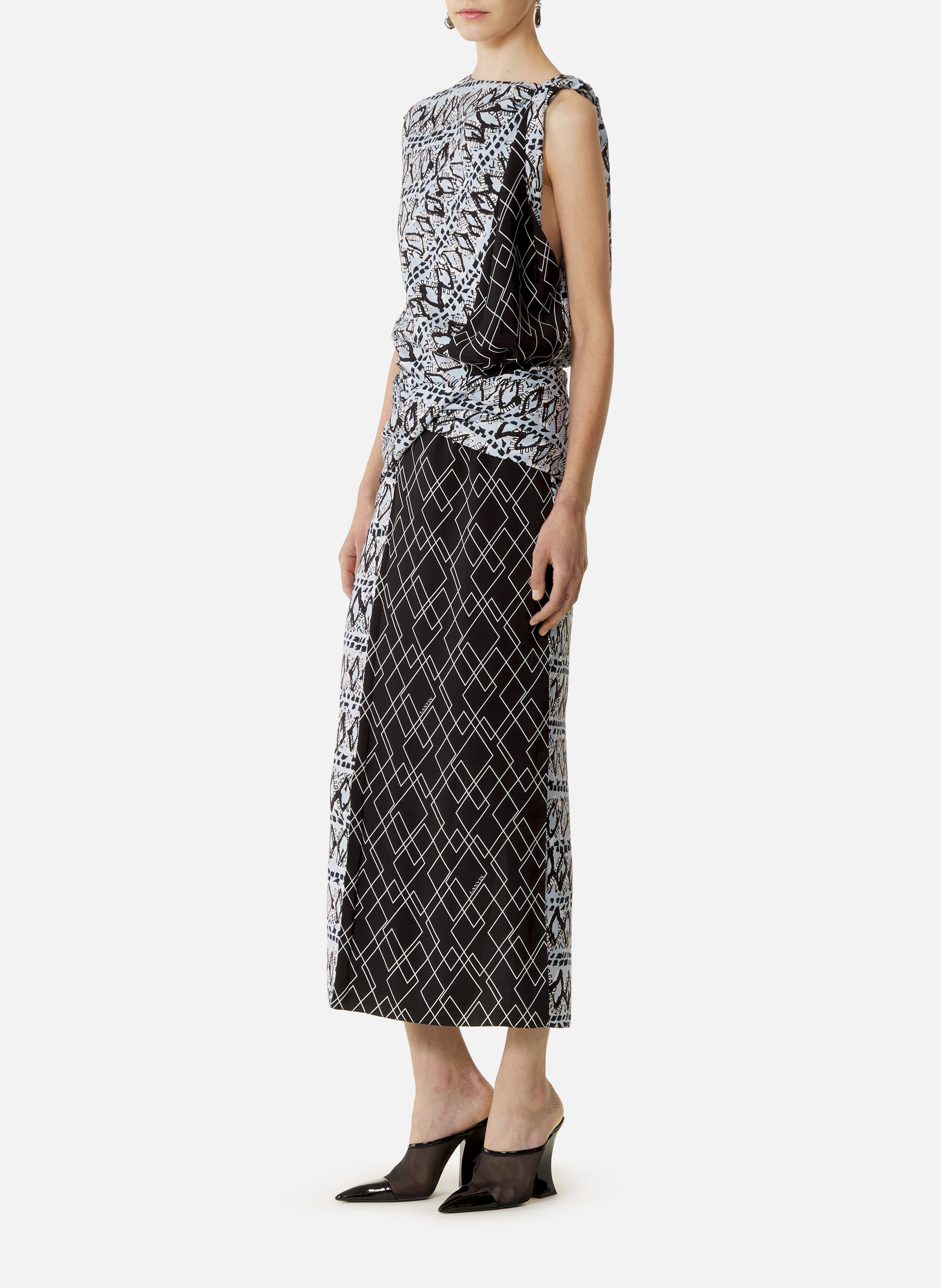 Robe patchwork en soie imprimée LANVIN Bleu