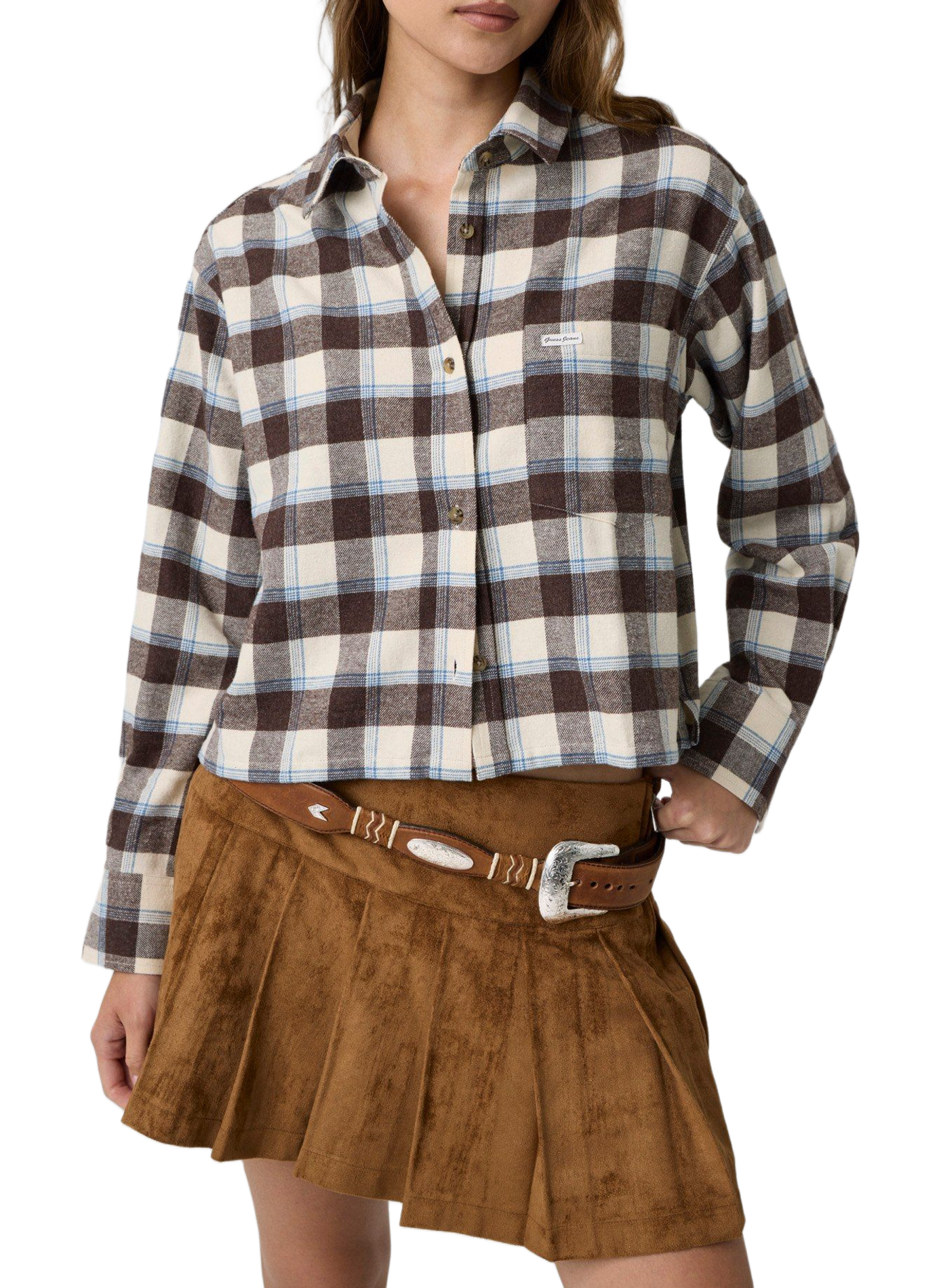 Short plaid cotton shirt GUESS Brown