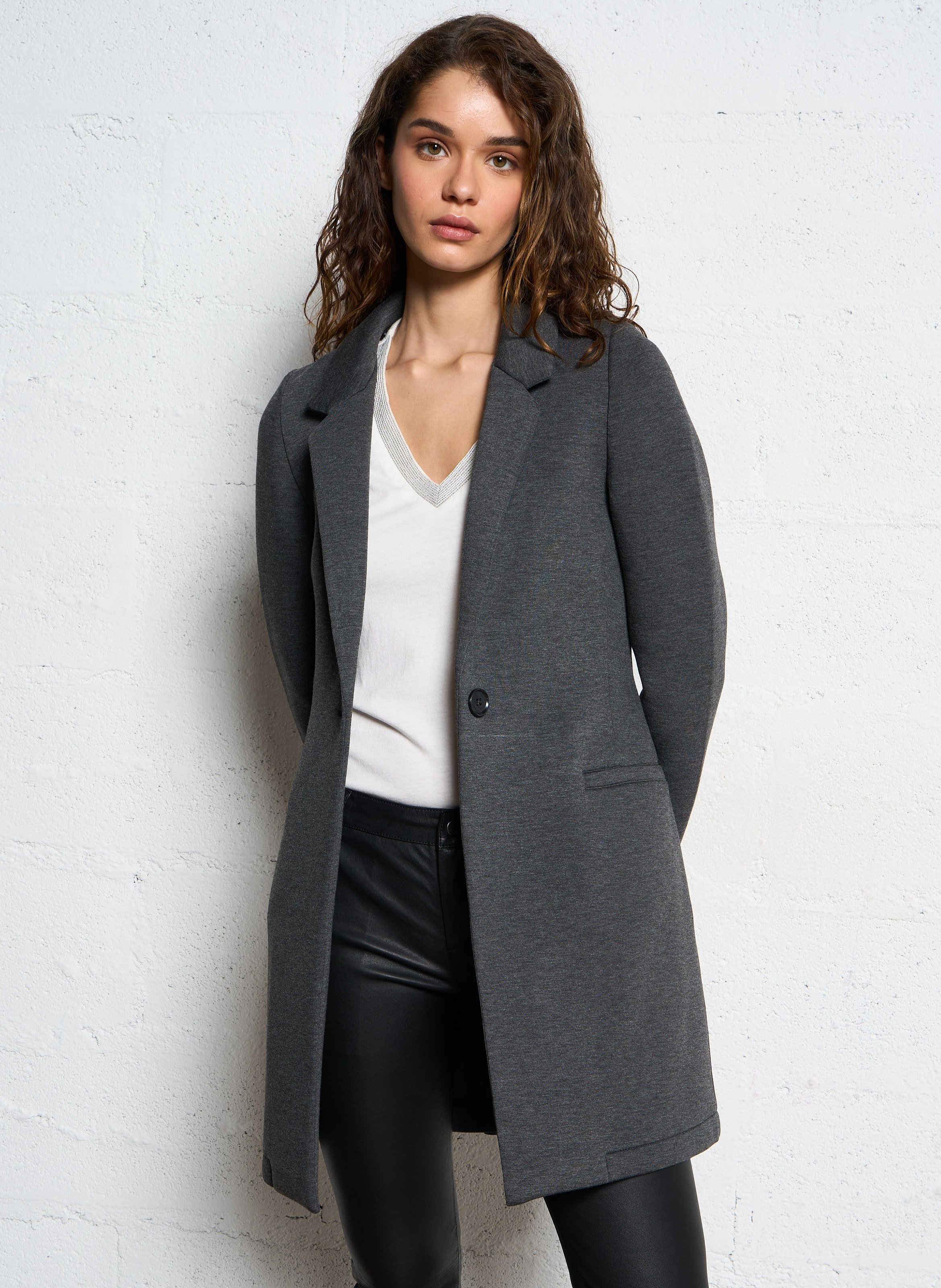 Manteau long à capuche amovible Gris