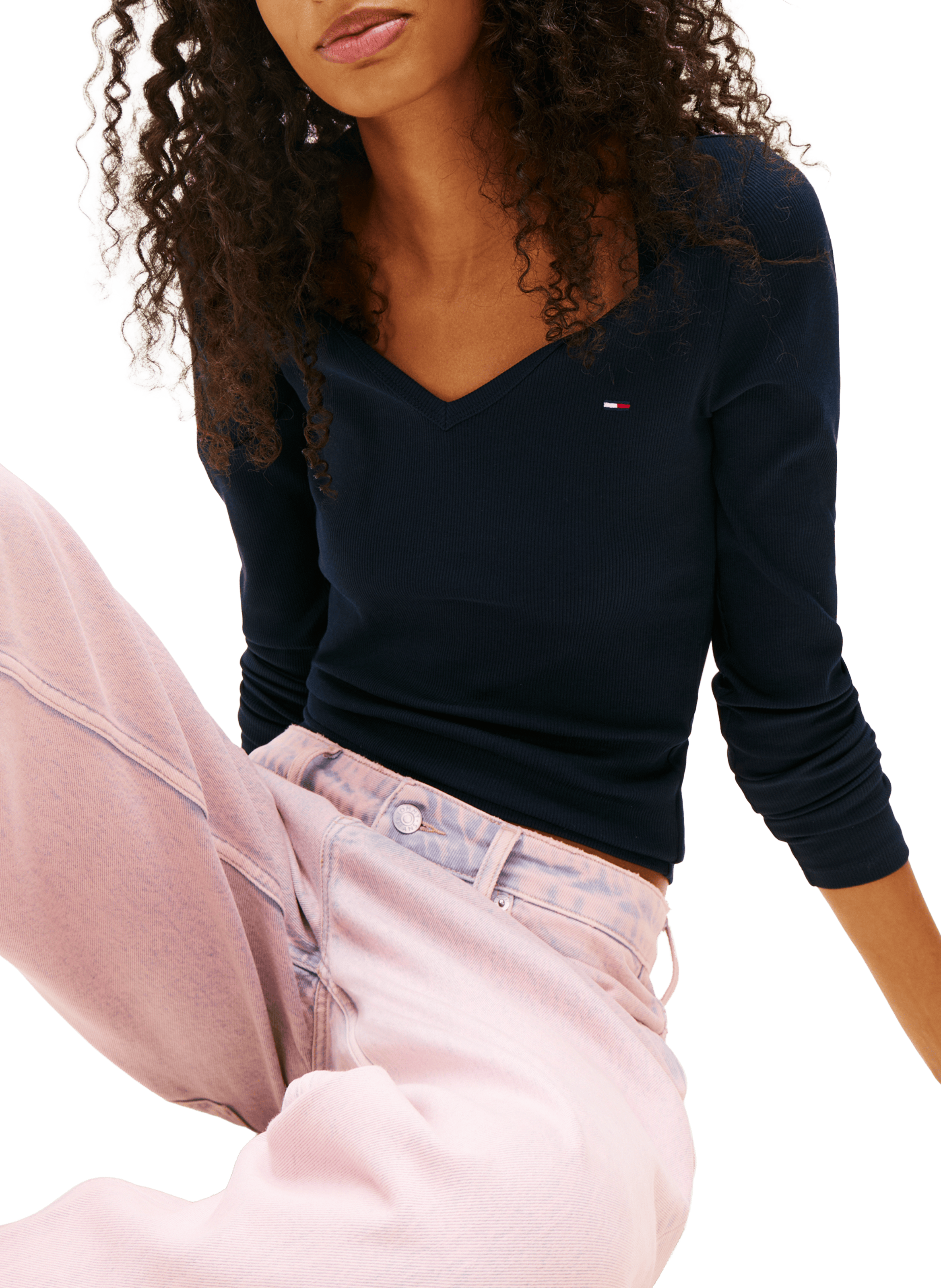 T-shirt côtelé à col V en coton mélangé TOMMY HILFIGER Bleu