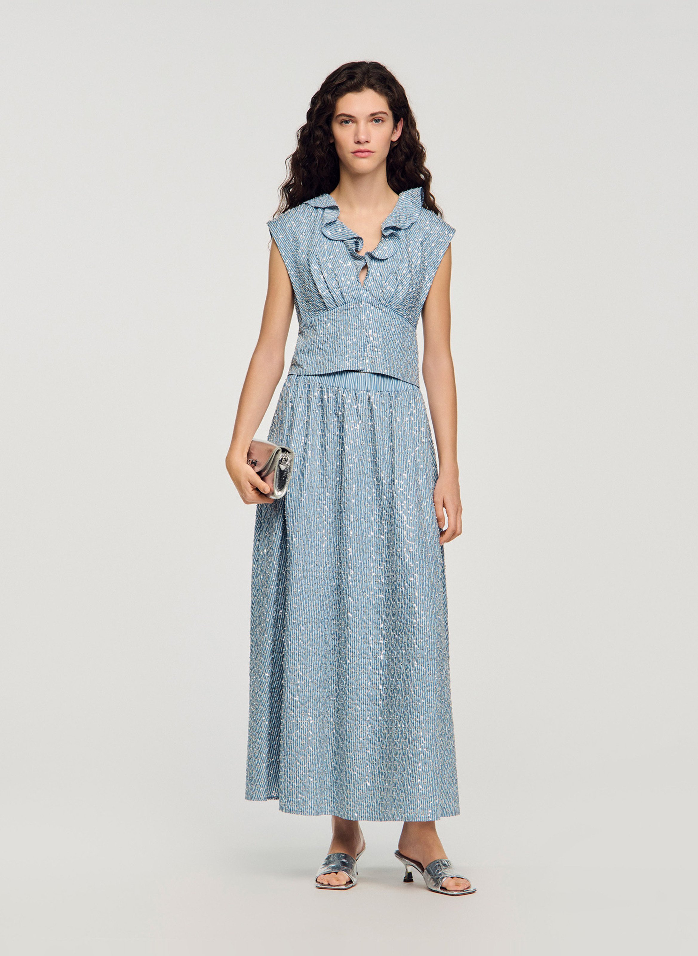 Jupe longue évasée à sequins SANDRO Bleu
