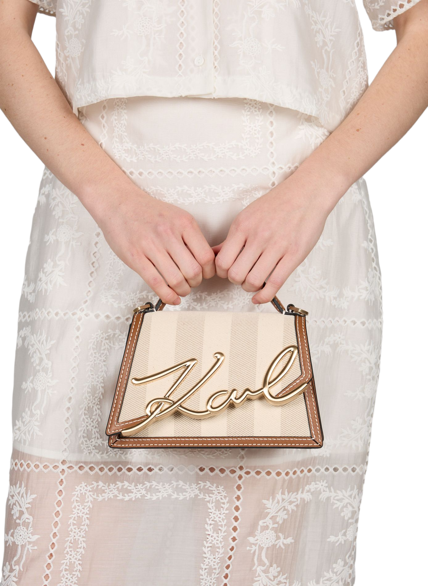 K/Signature cotton and leather handbag KARL LAGERFELD Beige