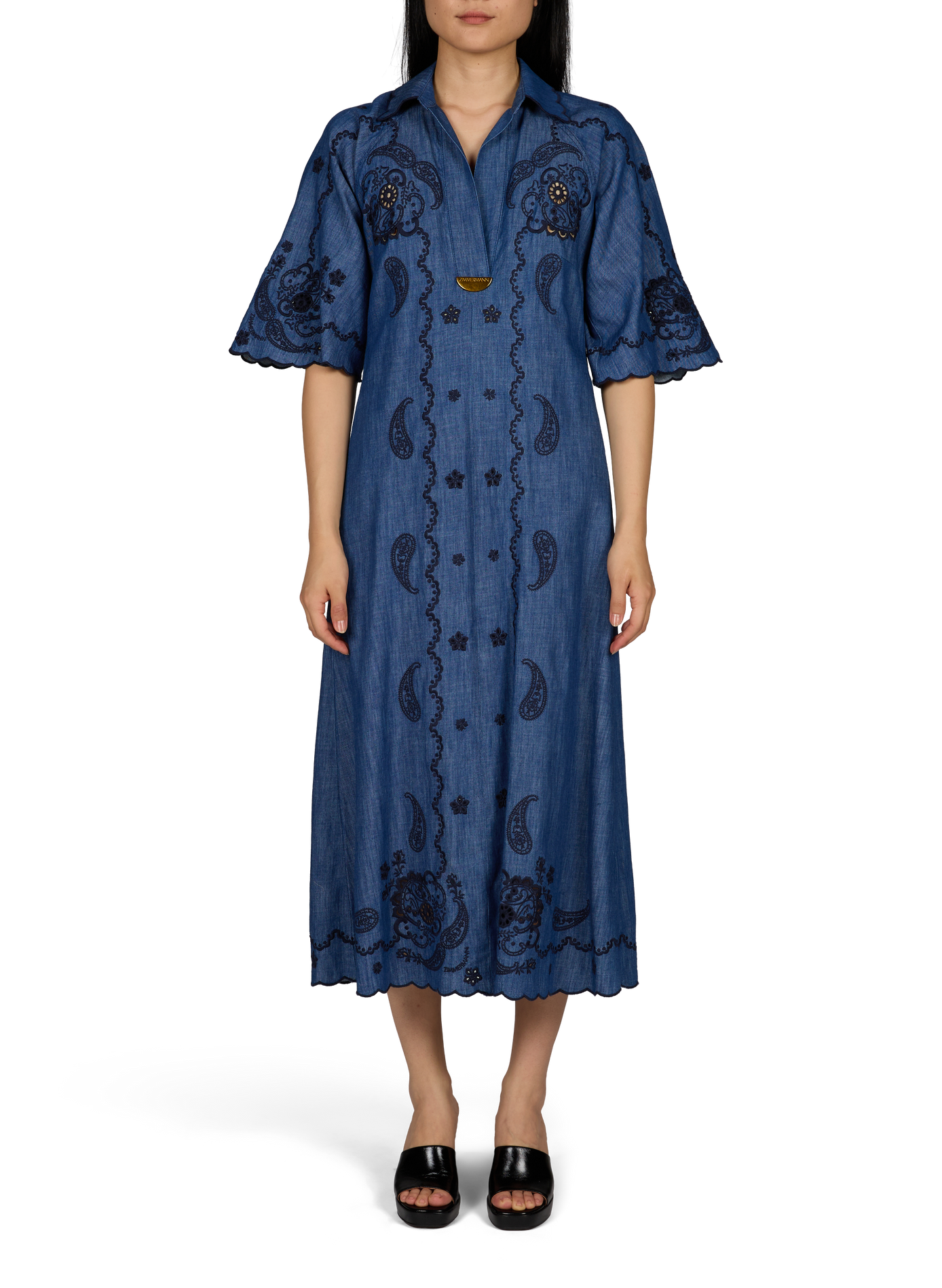 Midi dress with loose fit and cashmere embroidery in cotton ZIMMERMANN Blue