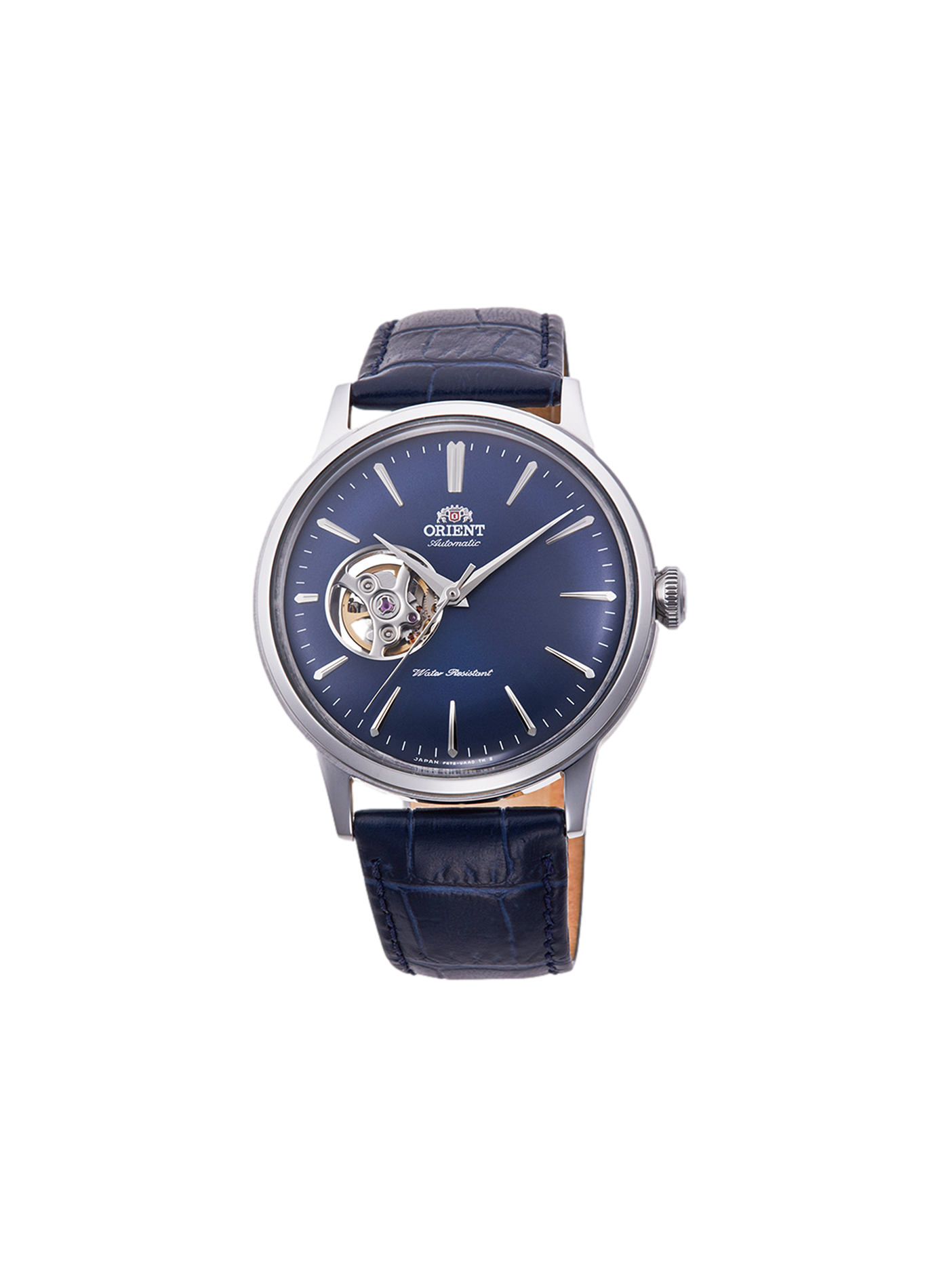 Automatische Uhr mit offenem Herzen aus Leder. ORIENT Blau