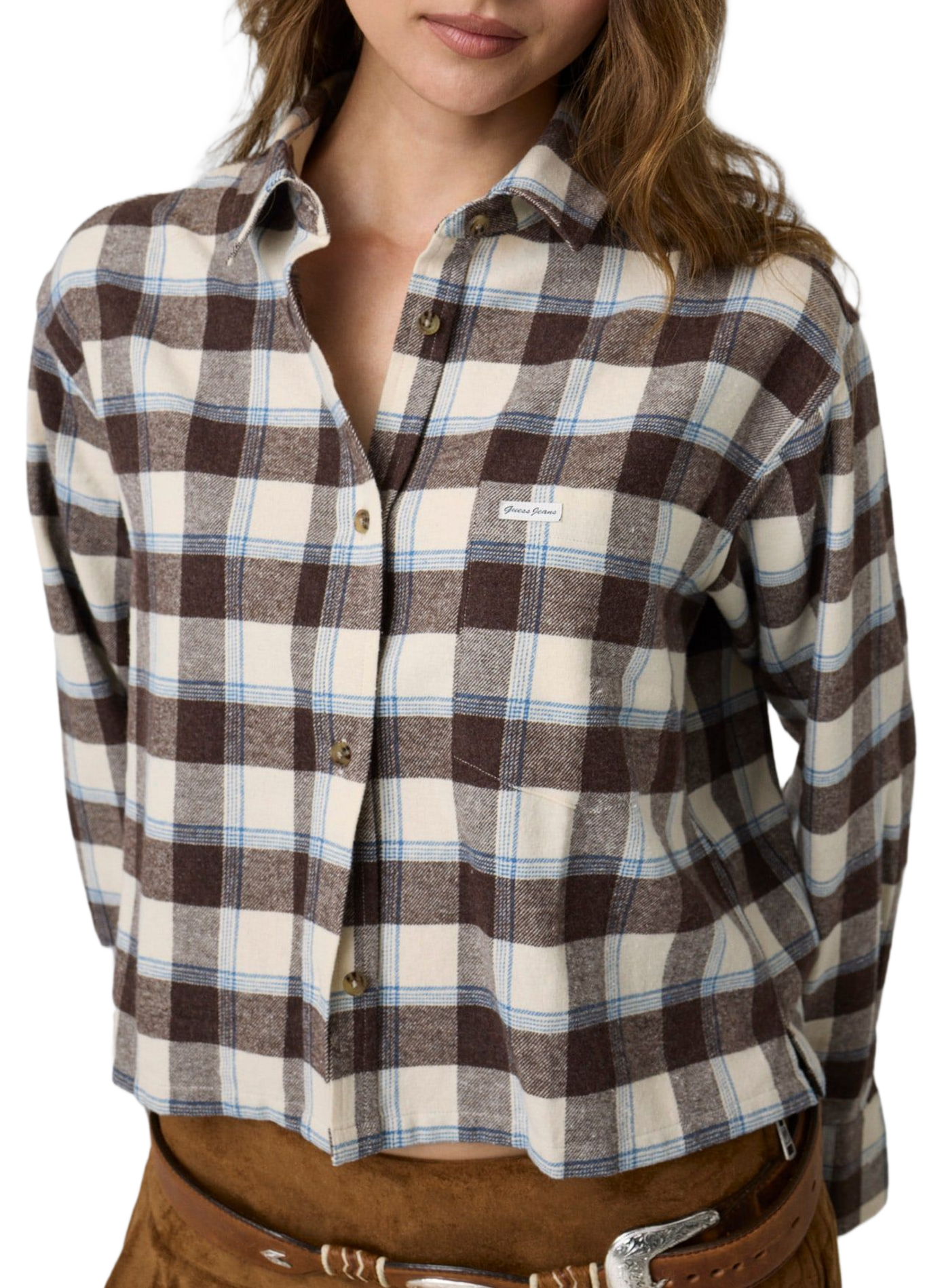 Short plaid cotton shirt GUESS Brown