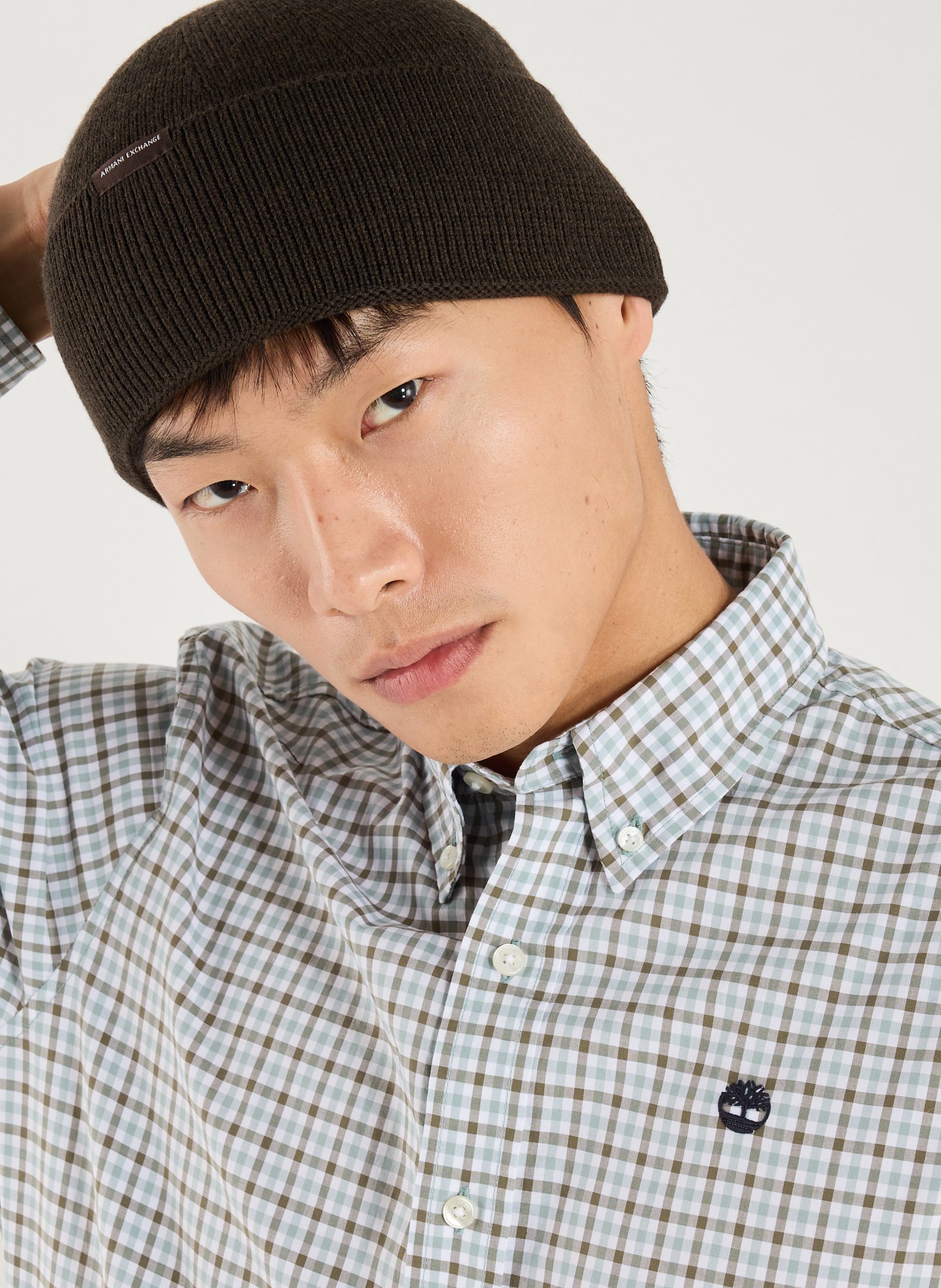 Beanie with wide folded cuff in virgin wool and cotton blend ARMANI EXCHANGE Brown