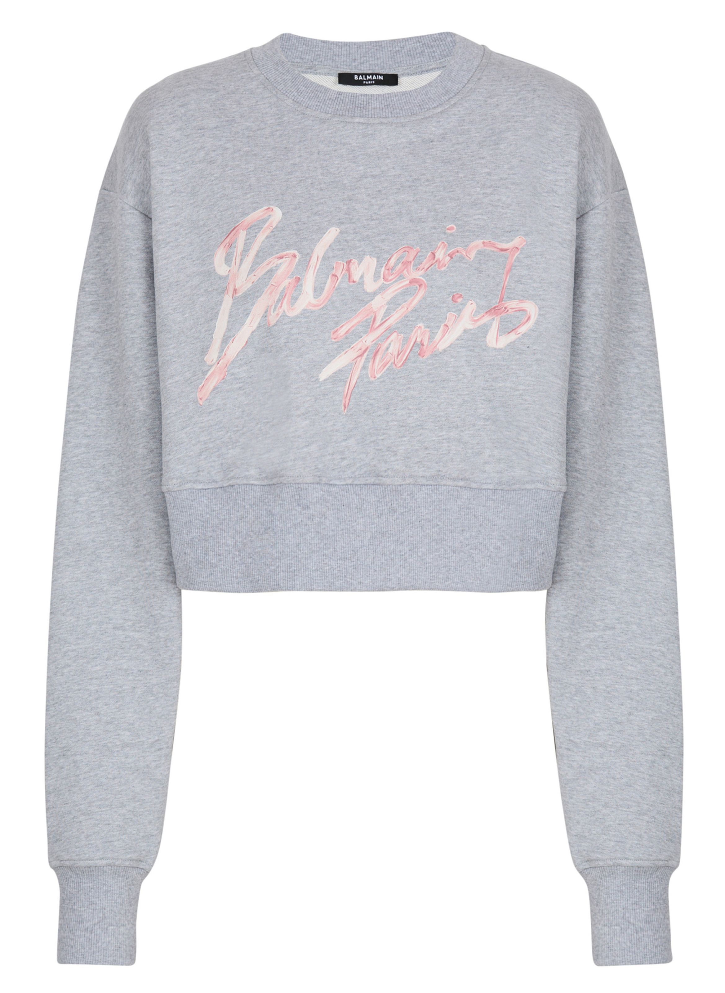 Sweatshirt court en coton à imprimé BALMAIN Gris