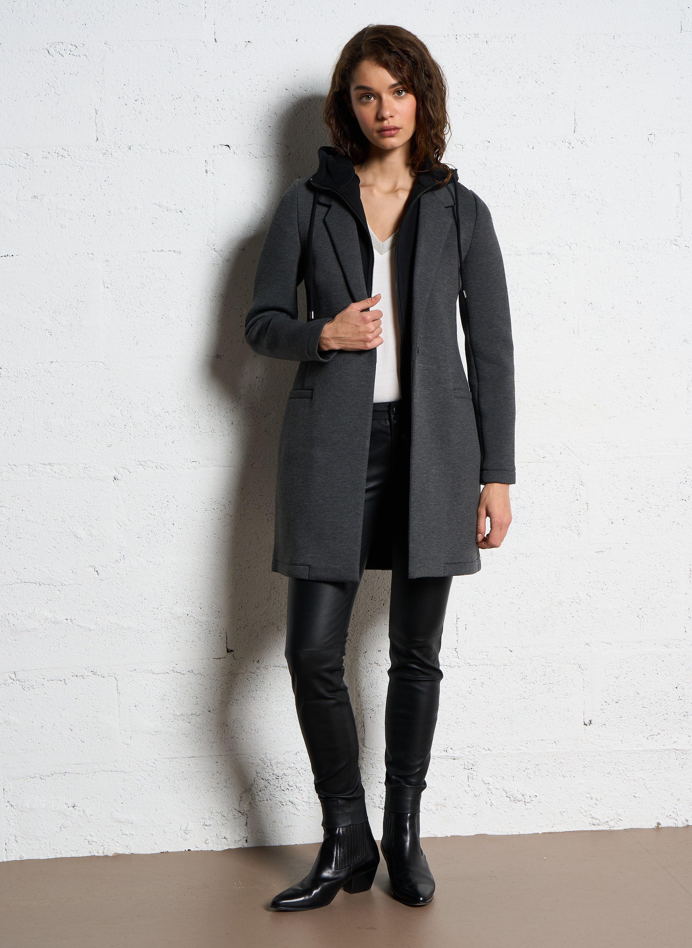 Manteau long à capuche amovible Gris