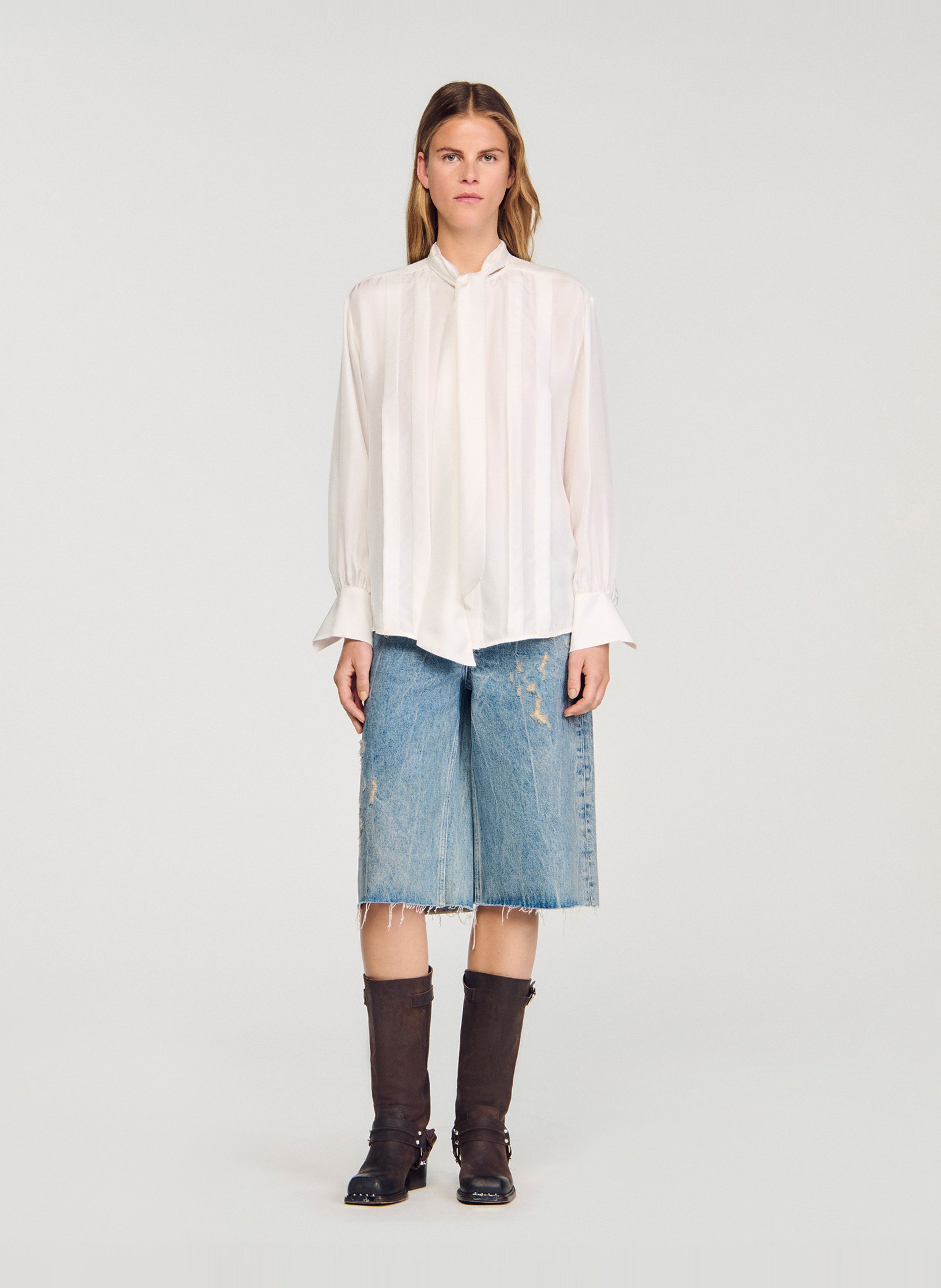 Blouse col lavallière en soie SANDRO Beige