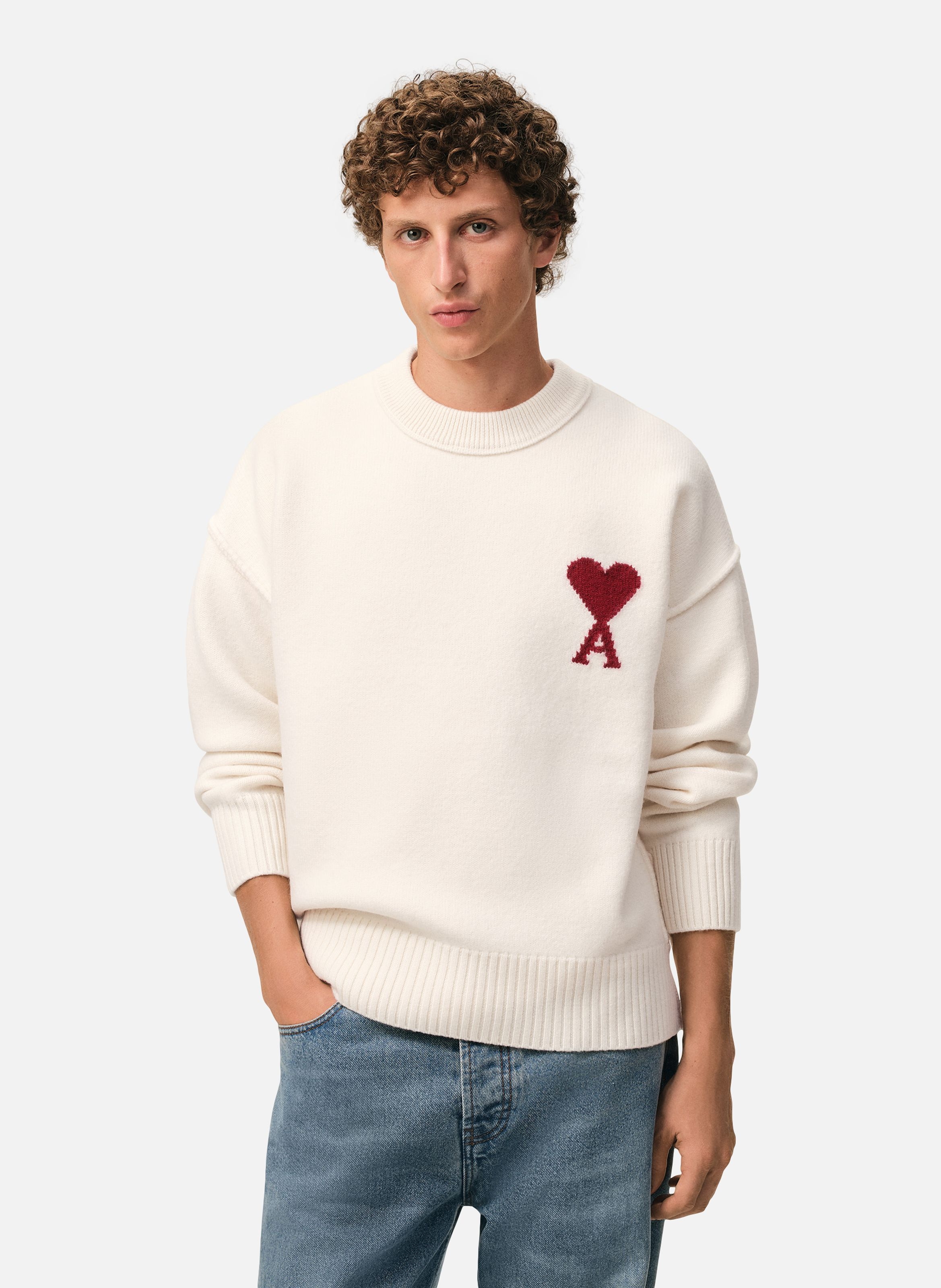 Pull Col Rond Ami De Coeur En Laine unisexe AMI PARIS Blanc