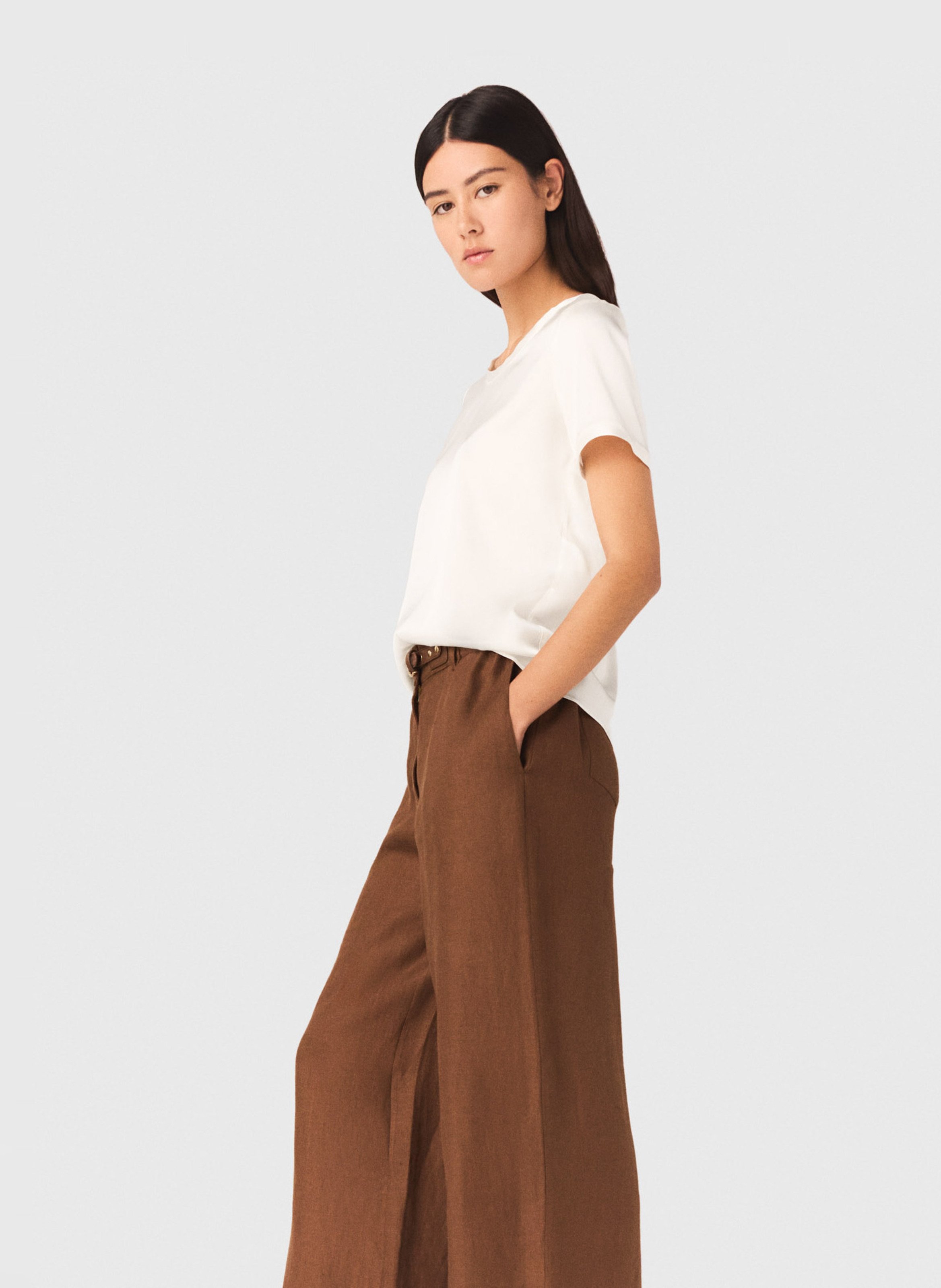 T-shirt droit col rond en soie mélangée MAJE Blanc