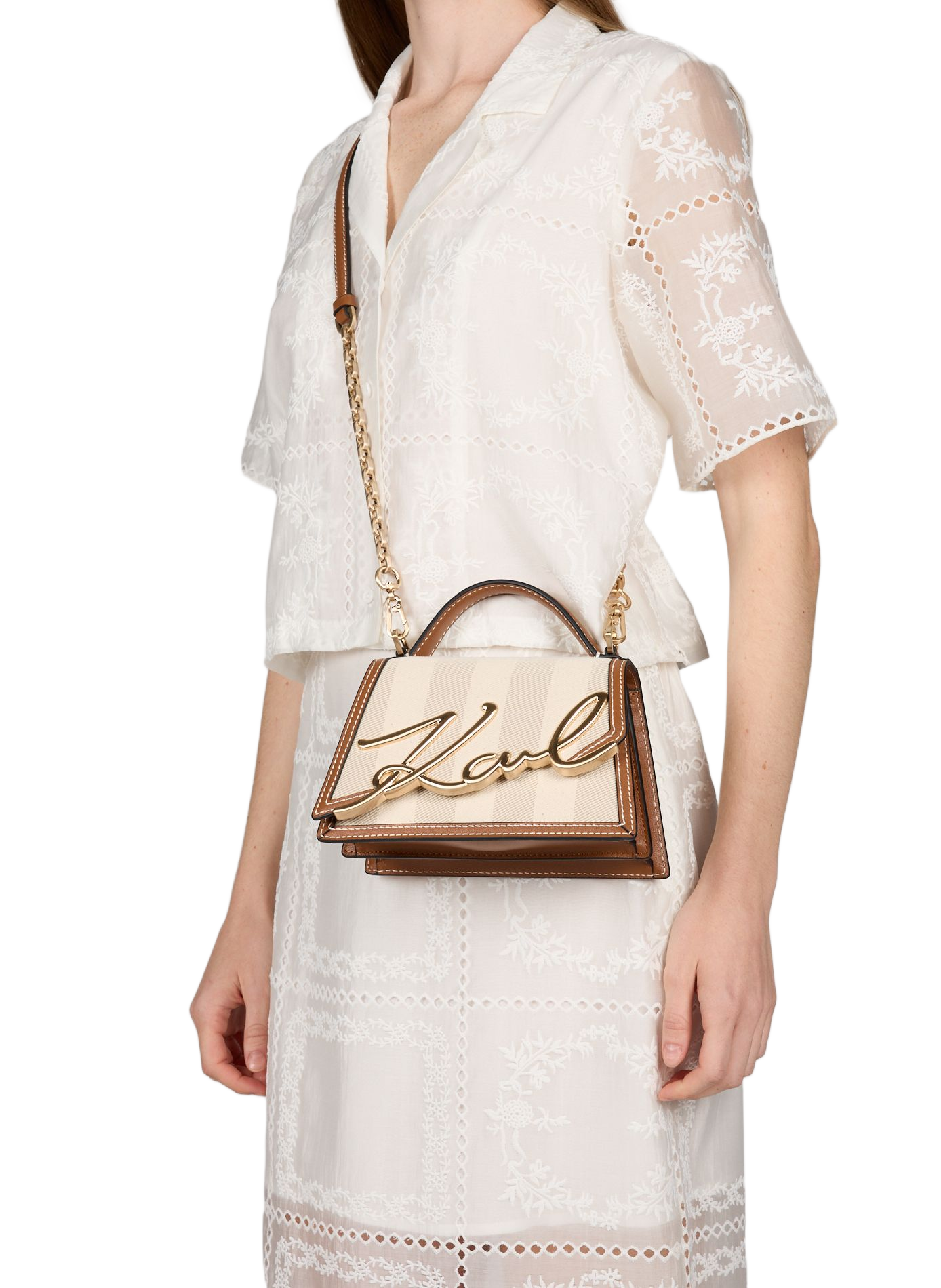 K/Signature cotton and leather handbag KARL LAGERFELD Beige