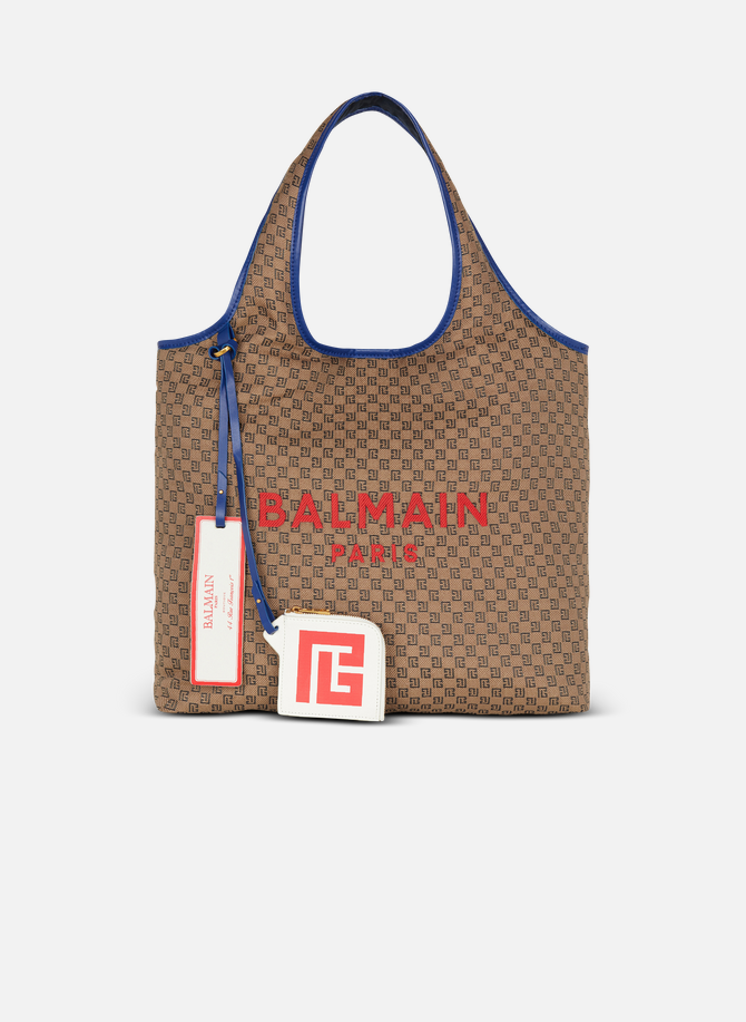 Grocery bag en toile monogramme et cuir lisse BALMAIN