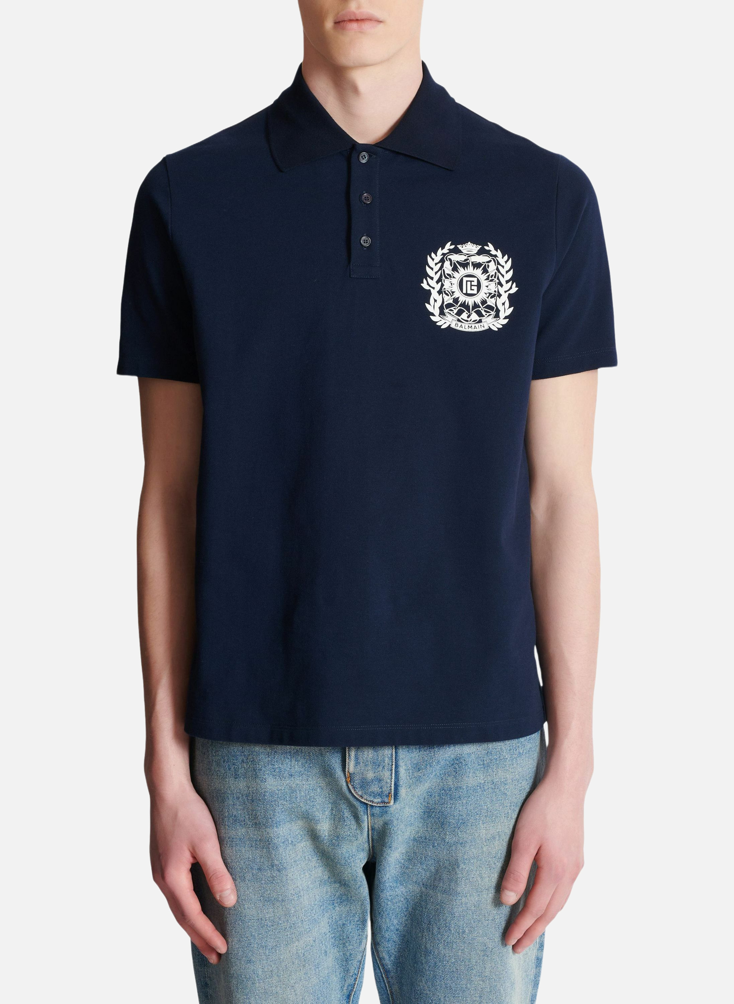 Polo en coton imprimé écusson BALMAIN Bleu