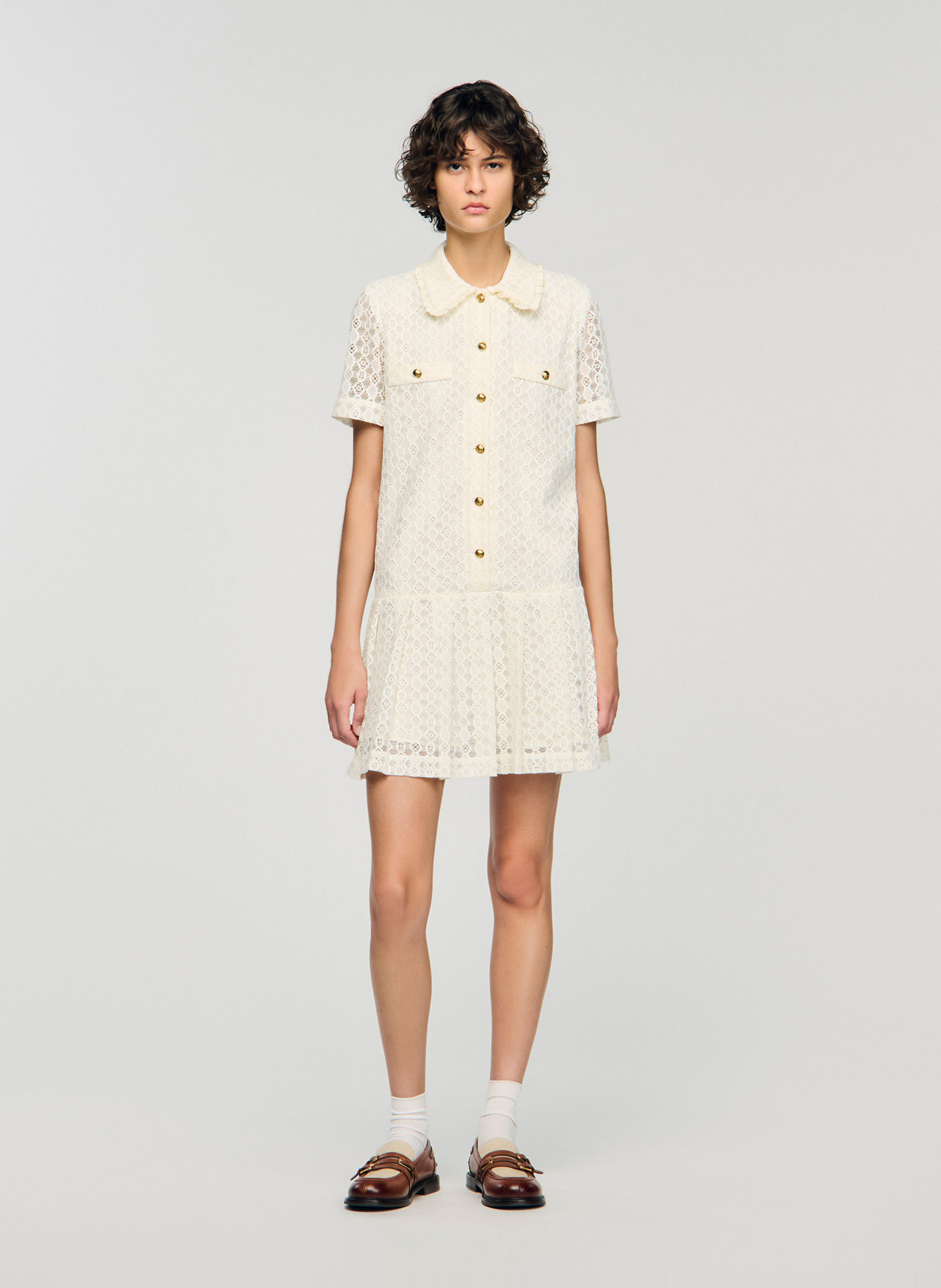 Robe courte col chemise en dentelle SANDRO Blanc