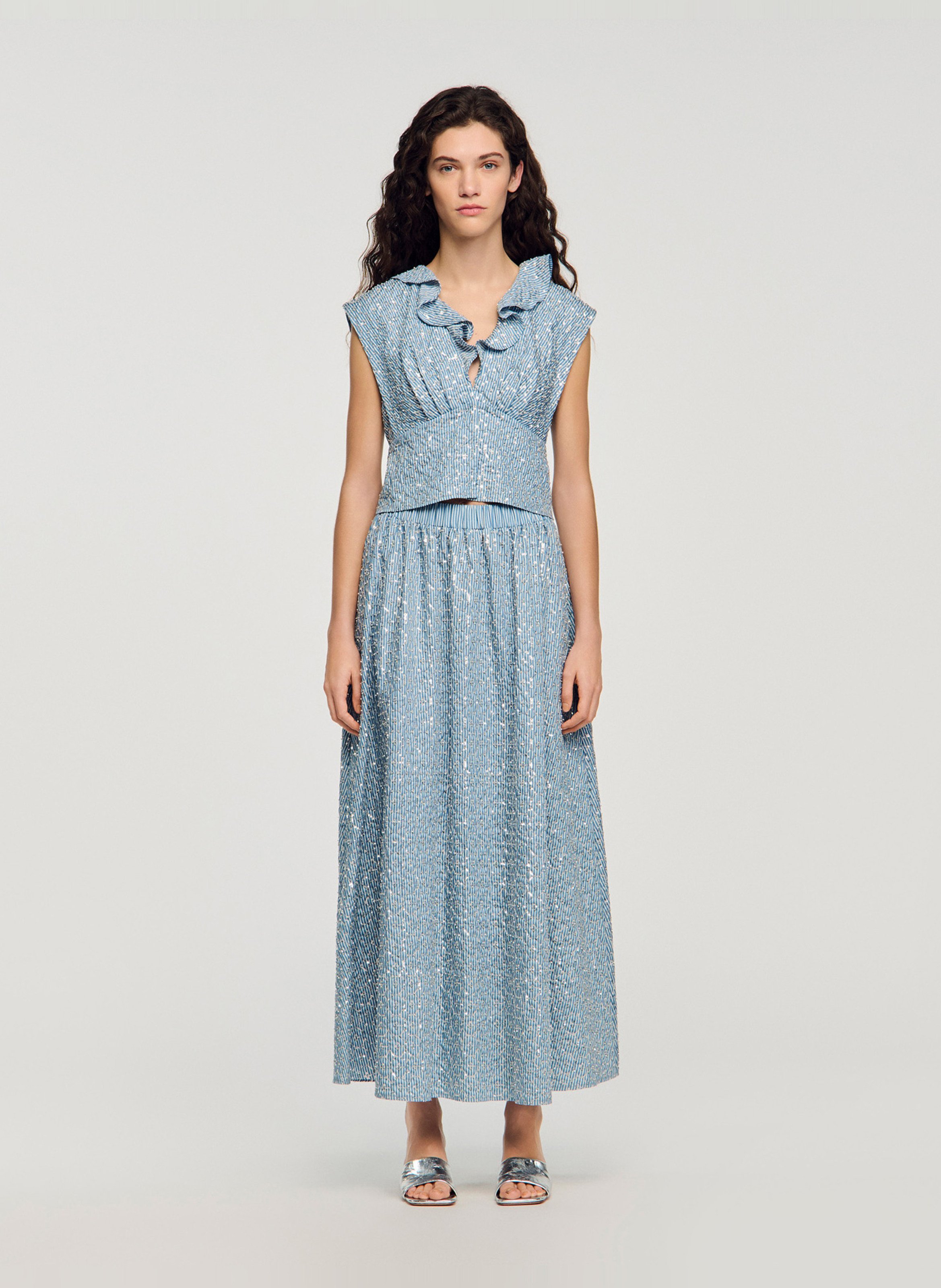 Jupe longue évasée à sequins SANDRO Bleu