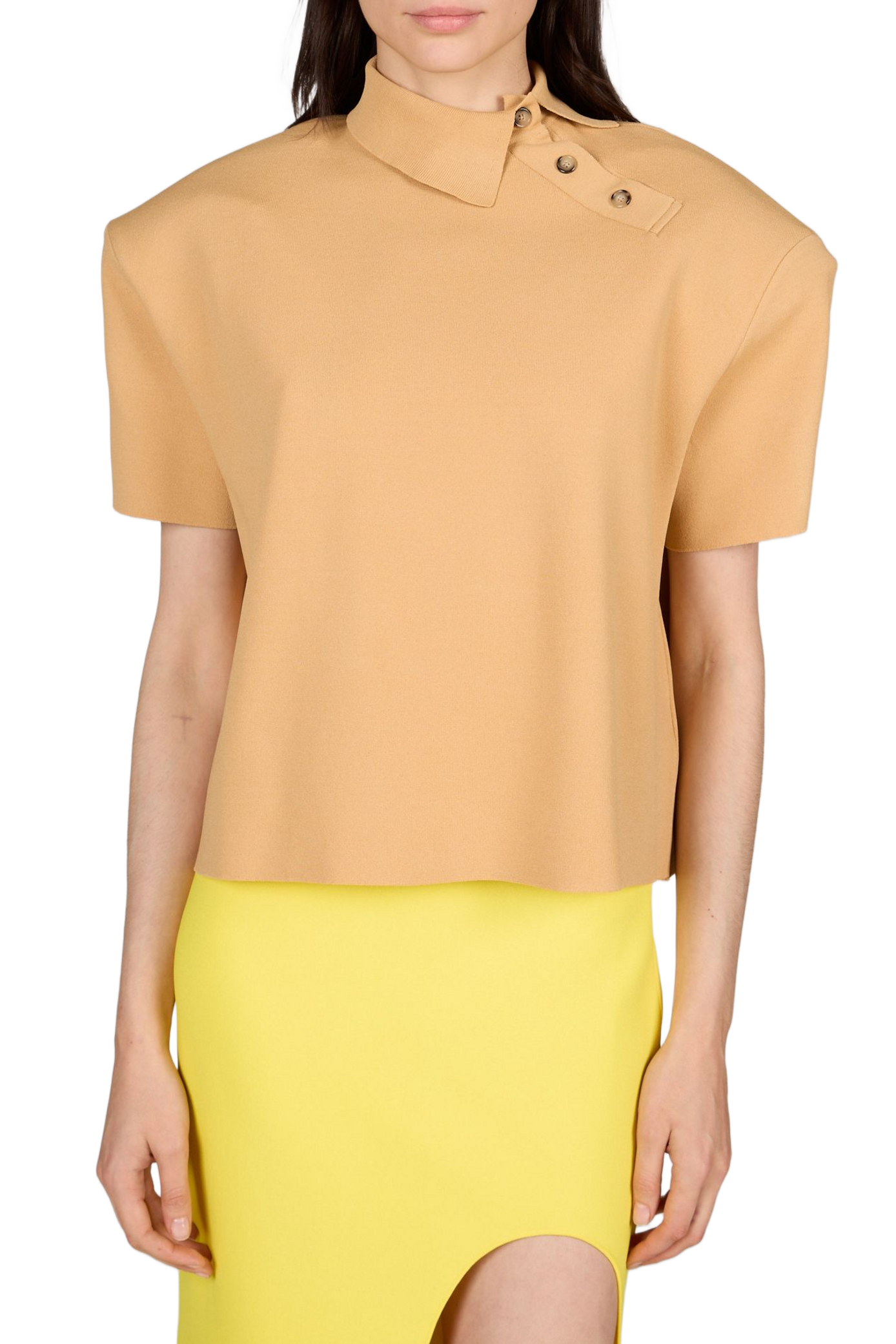 Top de manga corta con cuello drapeado en viscosa. A.W.A.K.E. MODE Beige