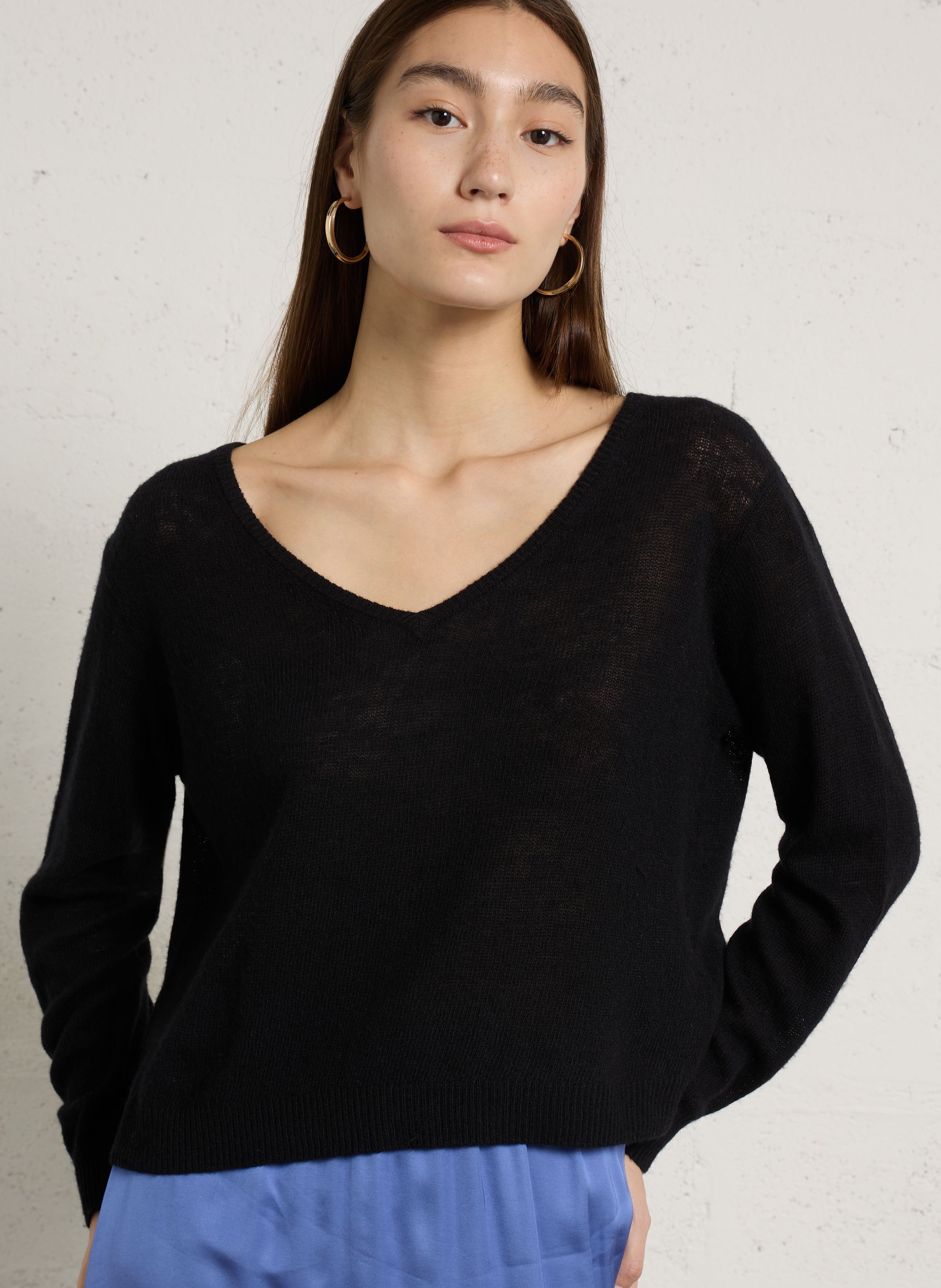 Pull court col v en laine mélangé dumy AMERICAN VINTAGE Noir